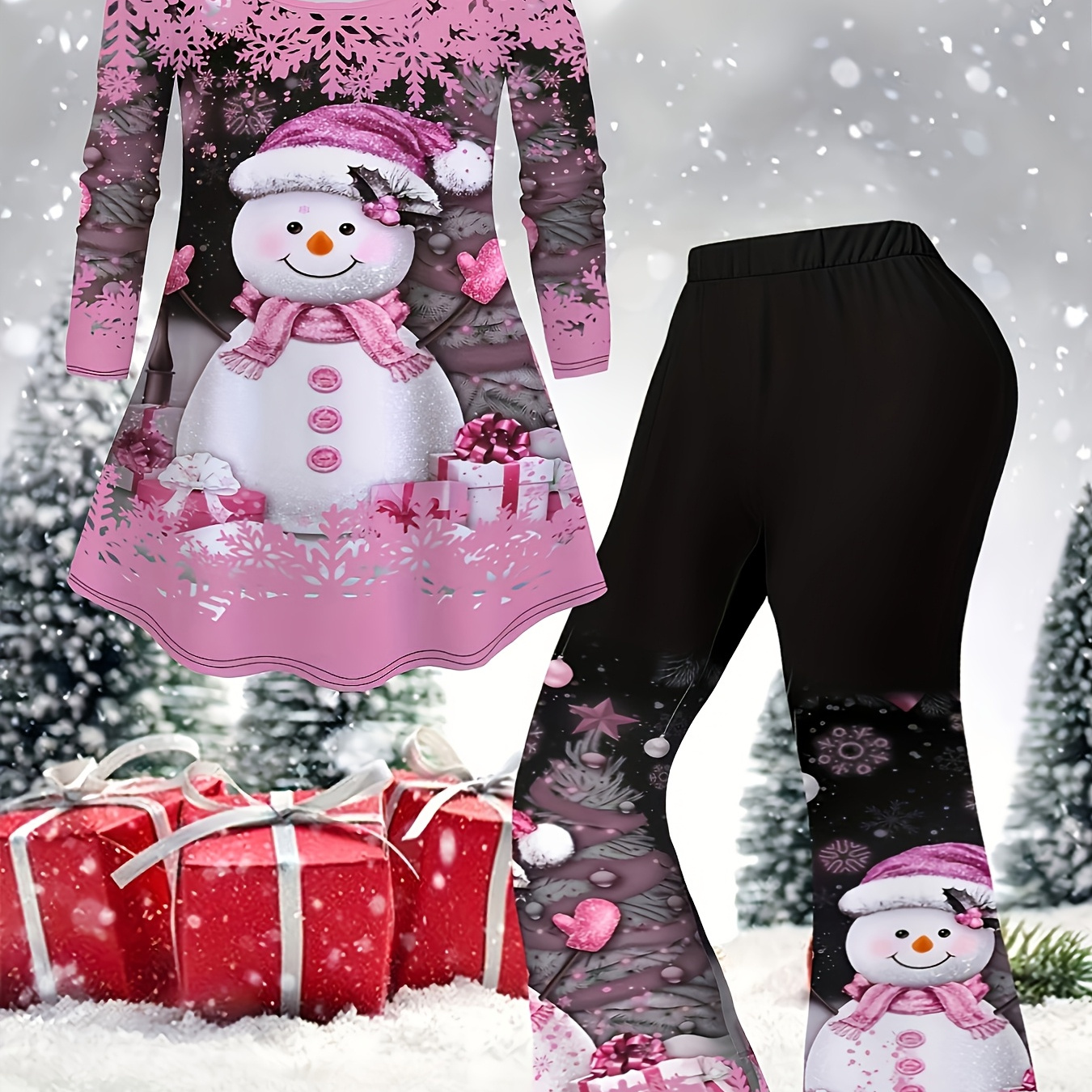 

Women's Plus Size Christmas Snowman Outfit - Long Sleeve Round Neck Tee & Flared Pants Set, Machine Washable