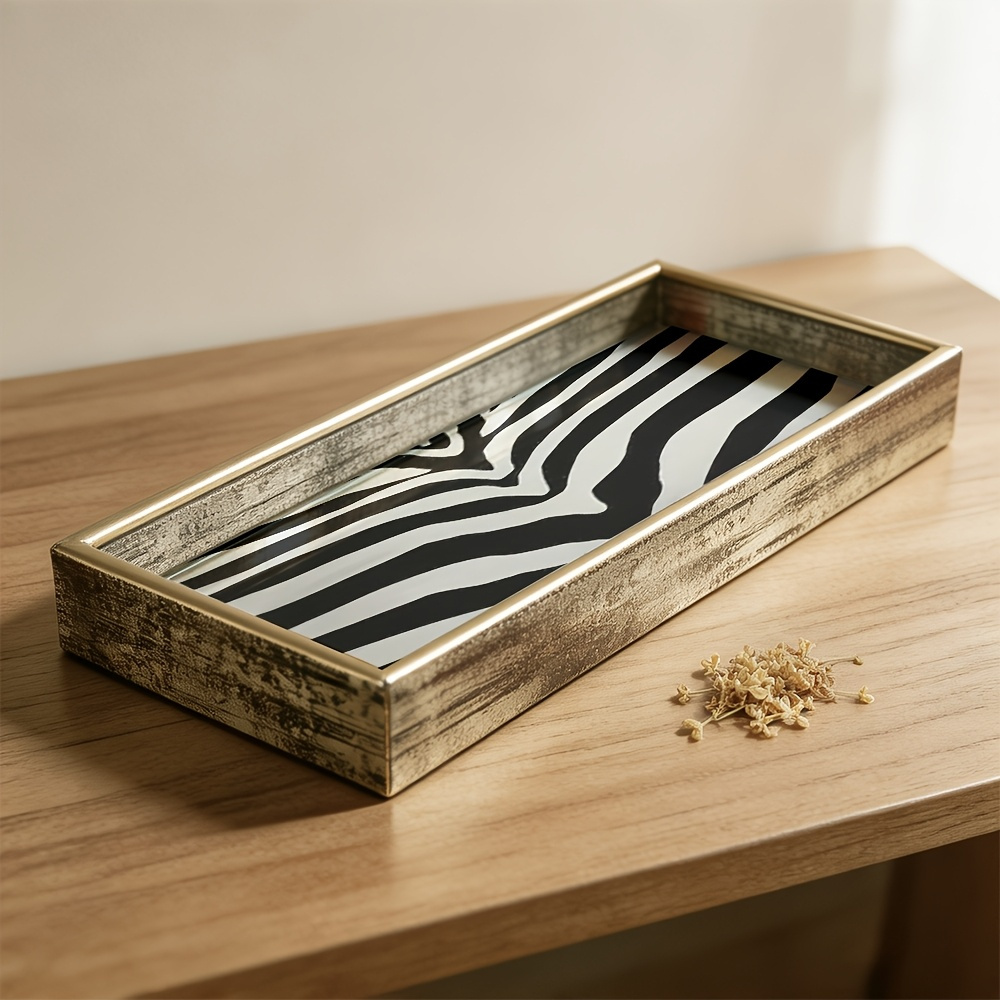 TEMU Glass Tray, 1pc, Black And White Zebra Print Pillow, Storage Tray For Jewelry, Perfumes, Keys, Ornaments, Suitable For Living Room, Kitchen,