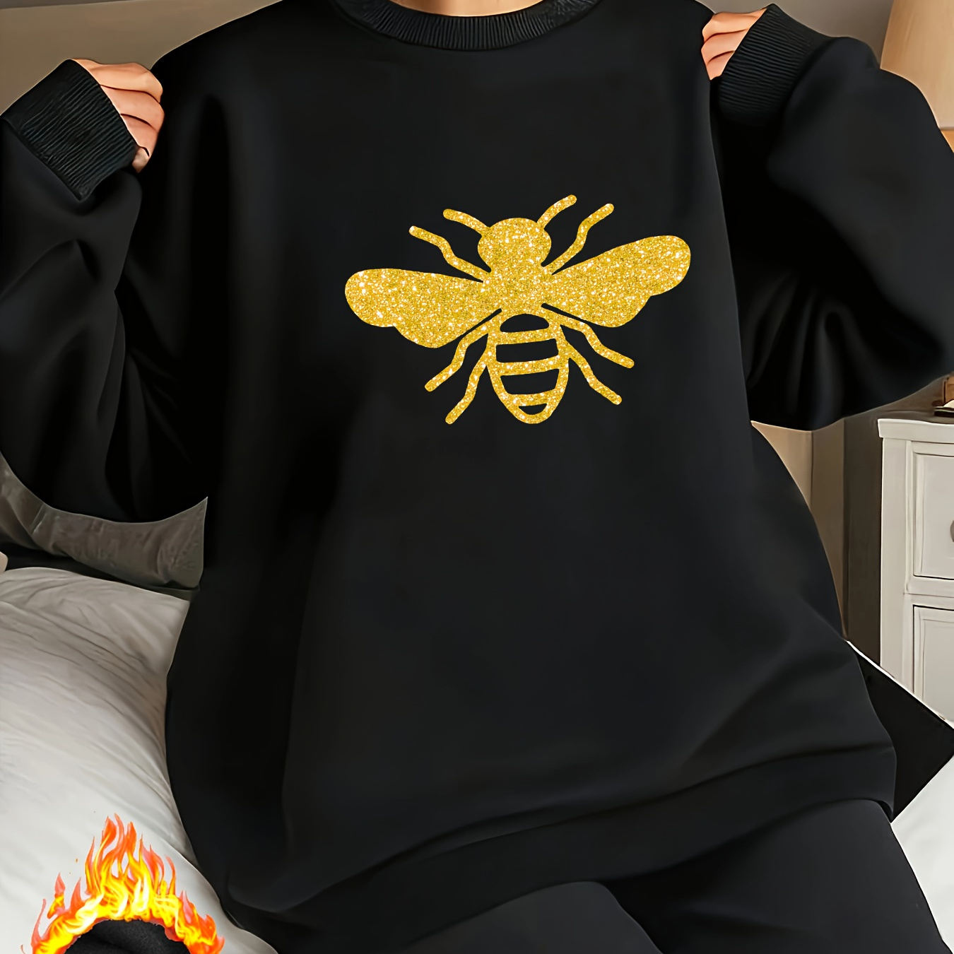 

Women's Casual Crew Neck Sweatshirt With Glitter Bee Graphic - 100% Polyester Fleece-lined Loungewear For Fall/winter, Knit Fabric Top For Adults