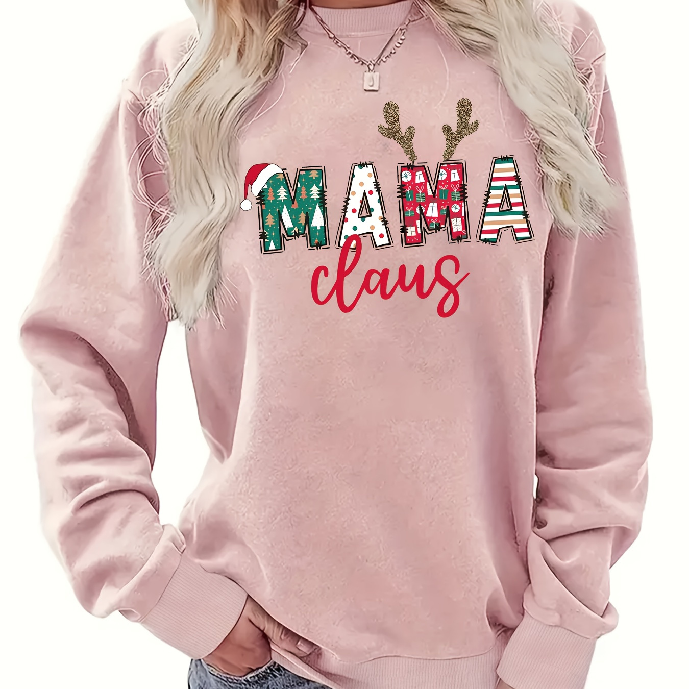 

Christmas Mama Claus Print Sweatshirt, Casual Long Sleeve Crew Neck Sweatshirt, Women's Clothing