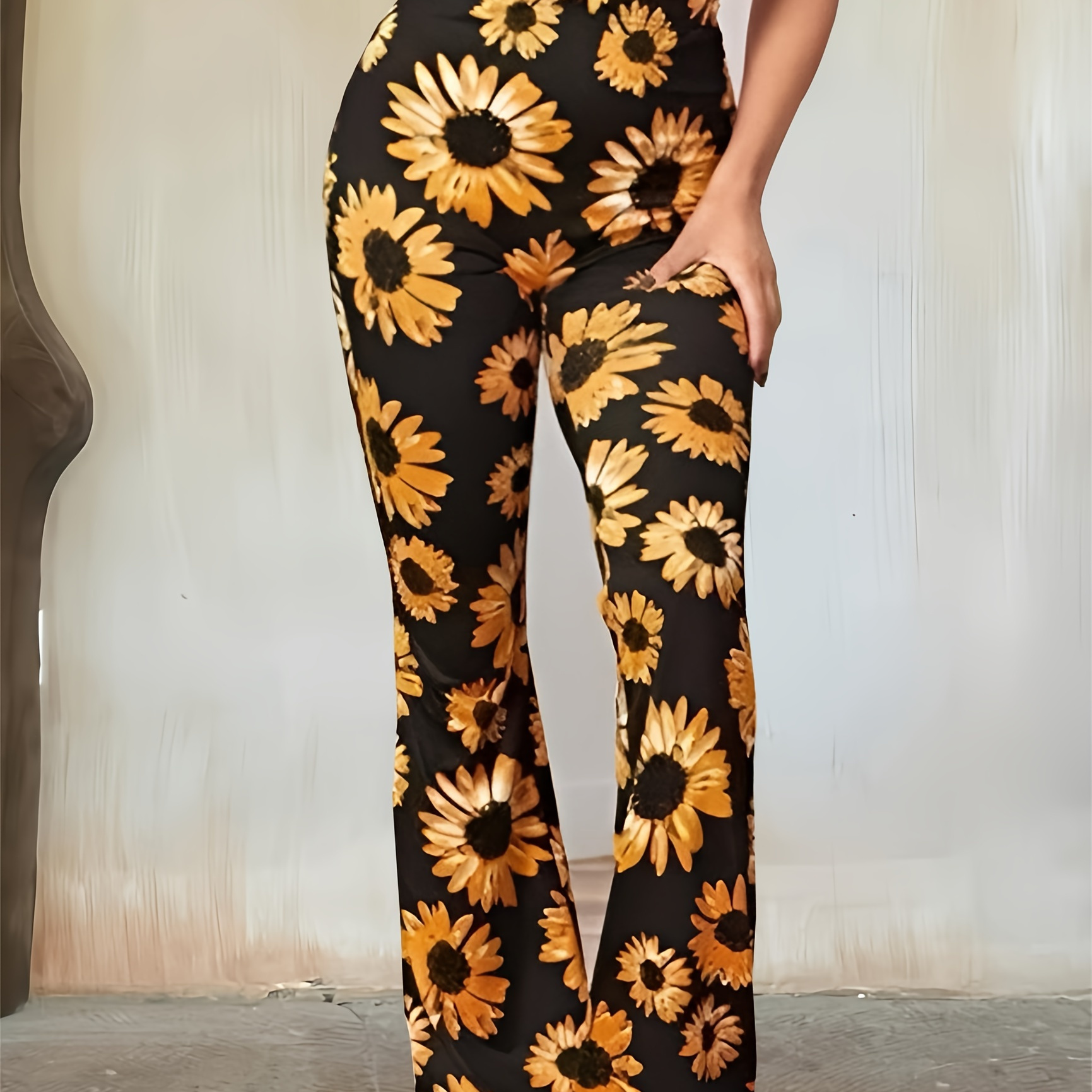 パンツ OIL PAINTING FLOWER FLARE SLACKS Flare Pants Womens Floral Print Casual High Waisted Palazzo