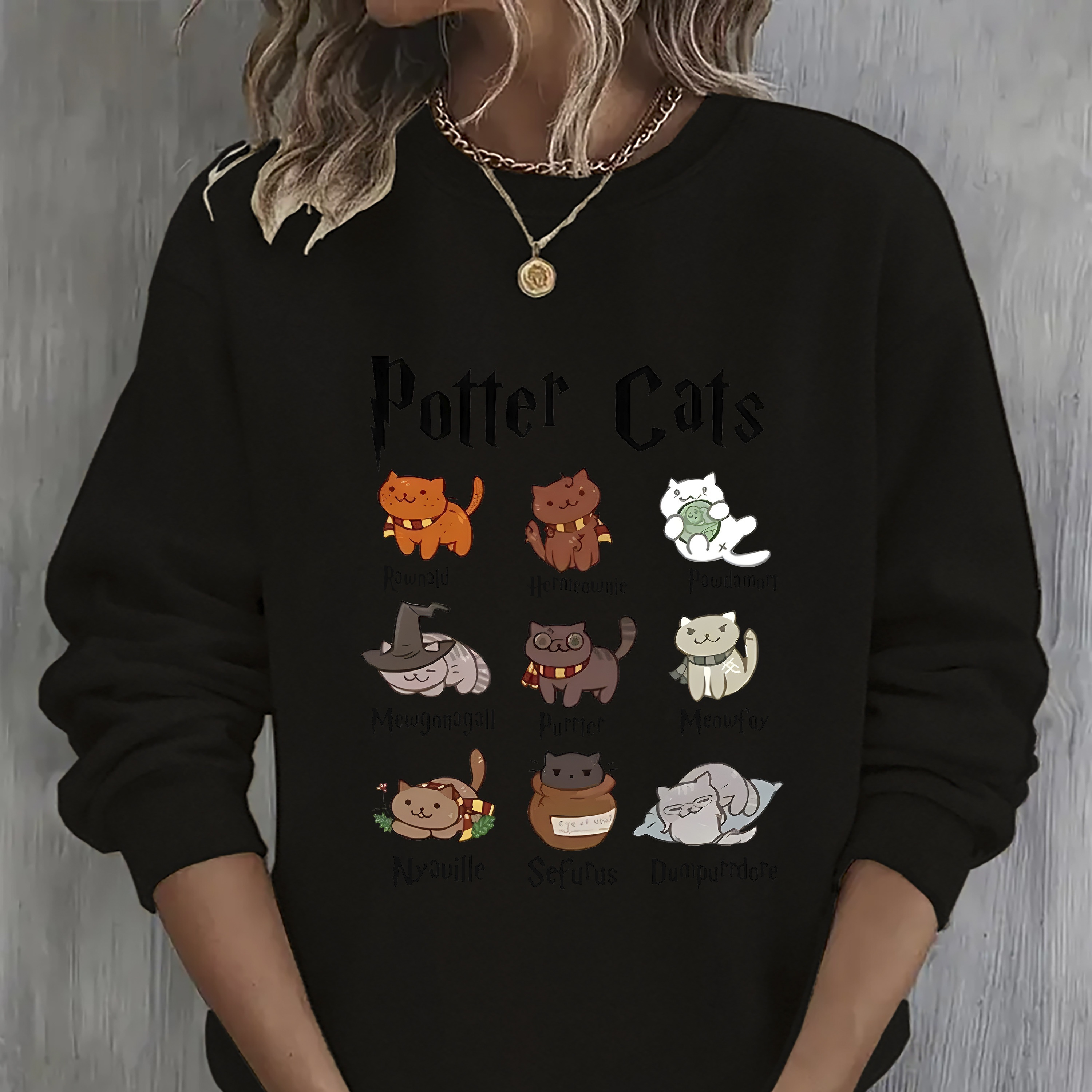 

Potter Cats Long Sleeve Crew Neck Sweatshirt, Fashion Sport Pullover Hoodie For Women, Polyester Knit Fabric, All , Geometric Pattern, Round Neck, Women' Sweatshirt