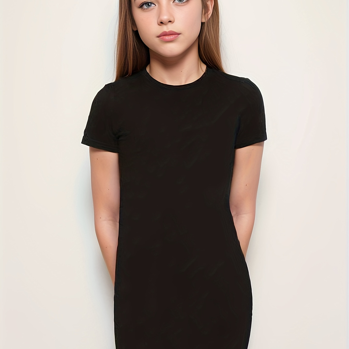 

Solid Bodycon Dress For Girls, High Stretch Short Sleeve Active Dresses For Casual Wear