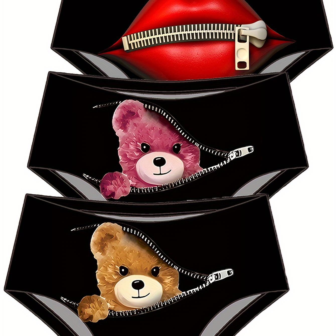 

Set Of 3 Women' Underwear Featuring A Cartoon Bear Lip Zipper Print, Made From Breathable And Quick-drying Fabric With Stretch For .