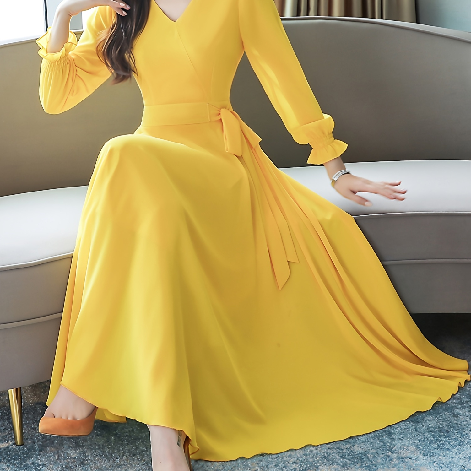 

Elegant Mustard -neck Long Sleeve Dress For Women - Slimming A-line Silhouette With Ruffle Detail, Polyester, Spring/fall Events, Elegant Event Attire|ruffle Detailing| Fit