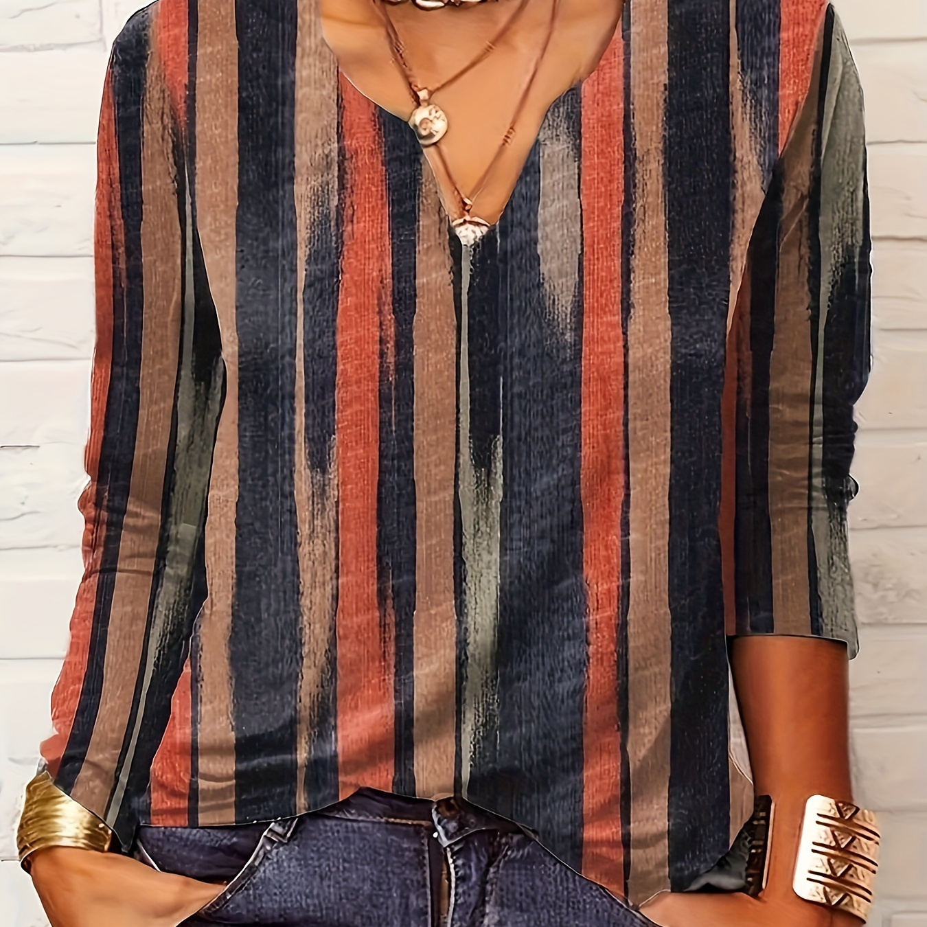 

Striped Notched Neck T-shirt, Casual Long Sleeve Top For Spring & Fall, Women's Clothing