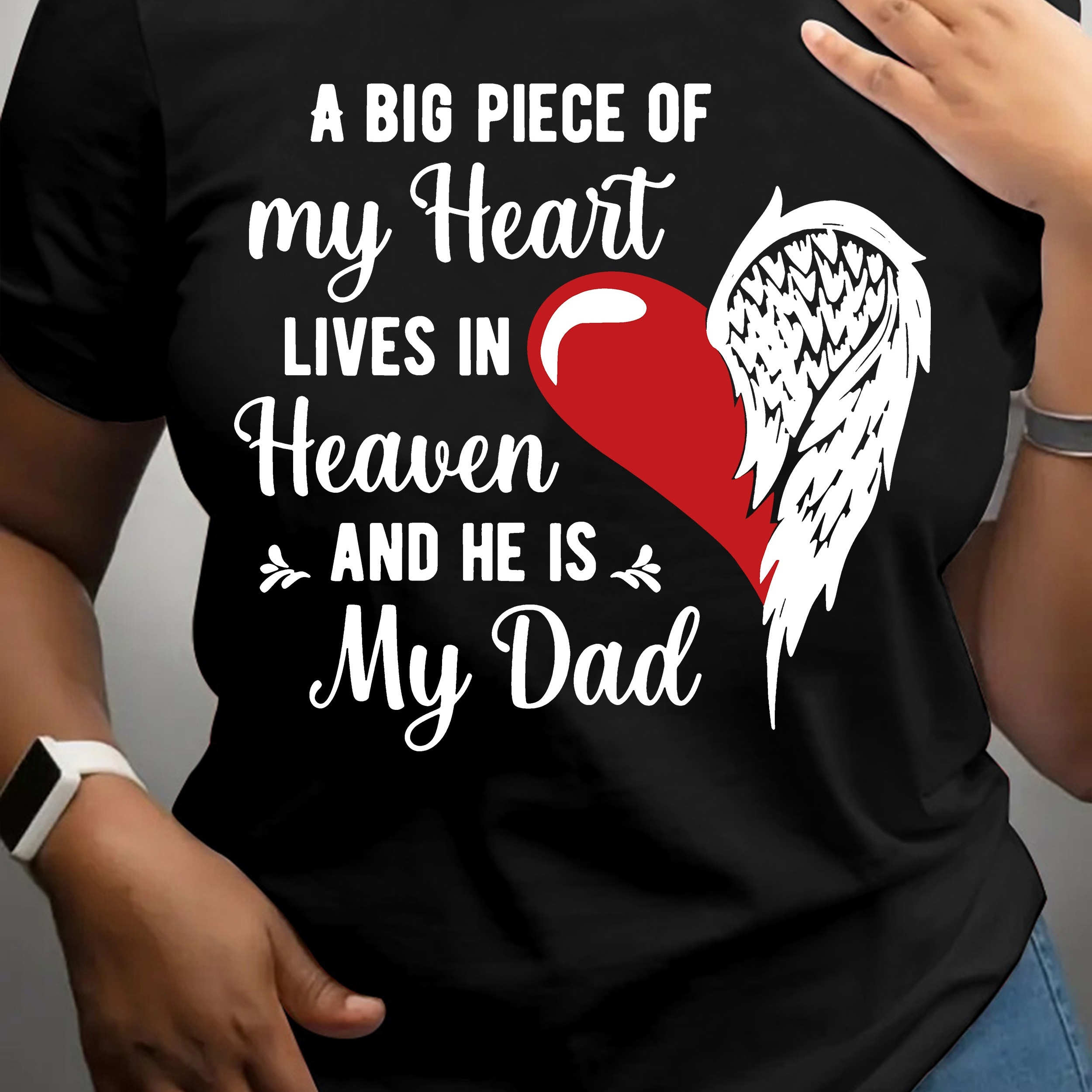 

Heaven & Dad Print T-shirt, Short Sleeve Crew Neck Casual Top For Summer & Spring, Women's Clothing