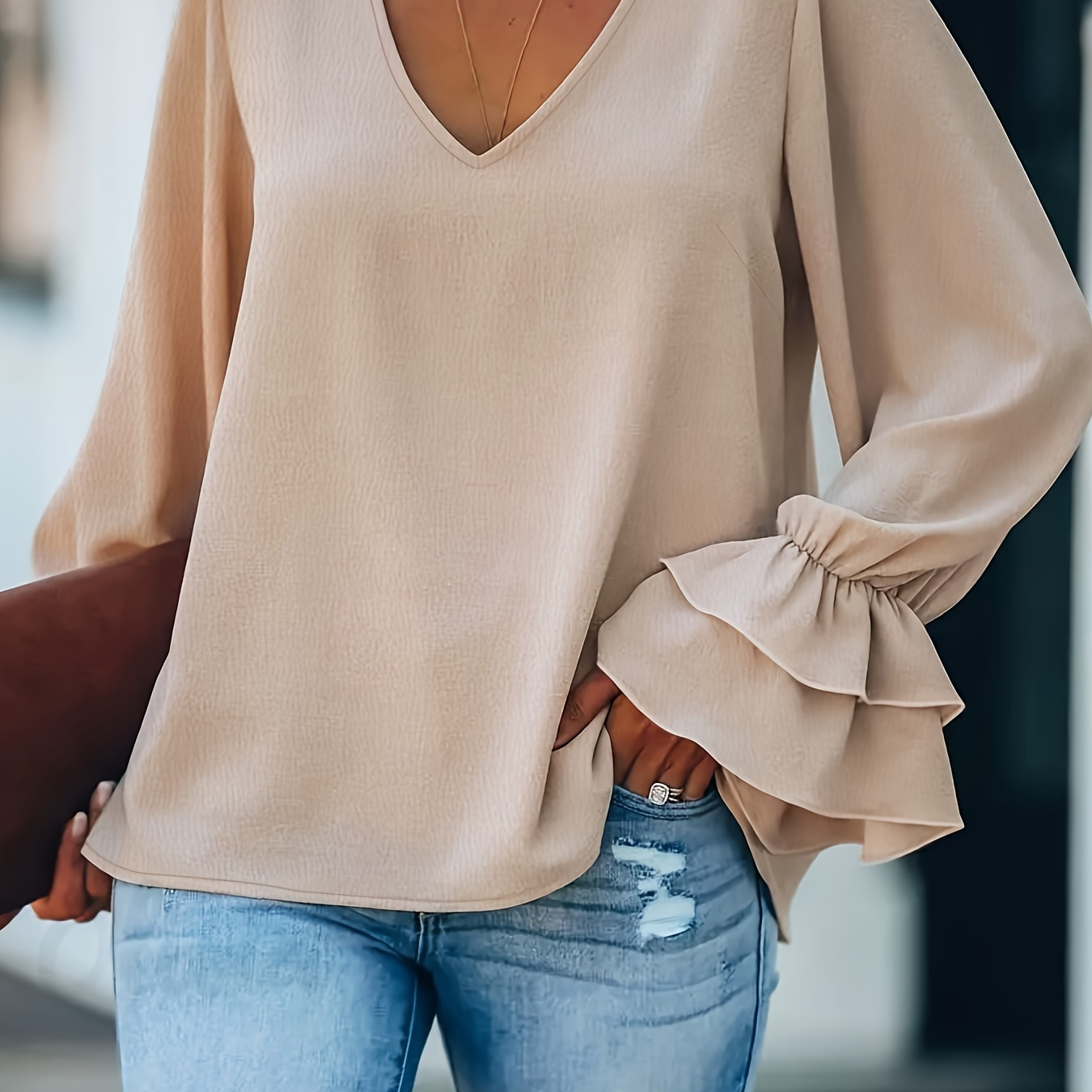 

Plus Size Solid V Neck Blouse, Casual Ruffle Cuff Long Sleeve Blouse For Spring & Fall, Women's Plus Size Clothing