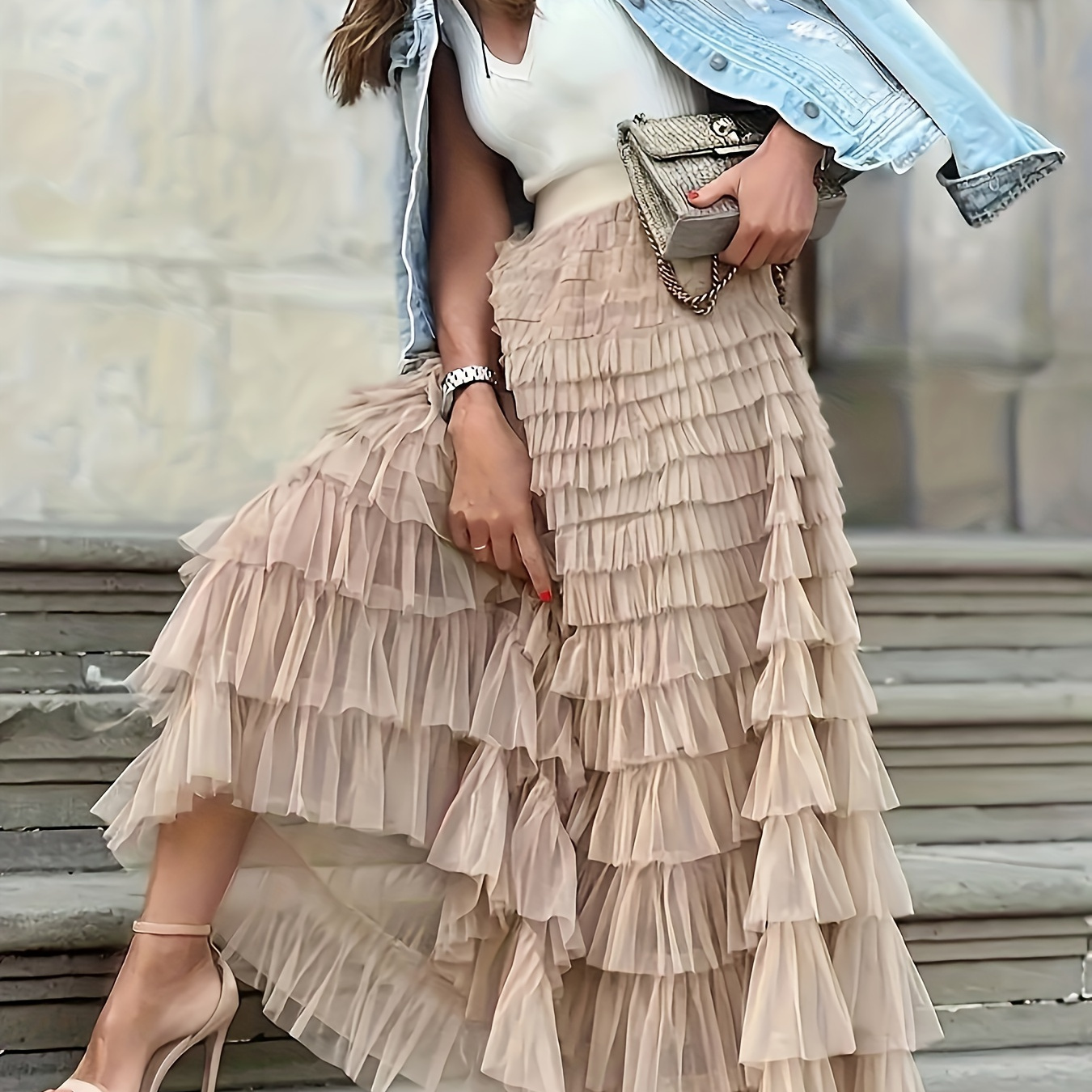 

Solid Layered Ruffle Mesh Trim Skirt, Elegant High Waist Skirt For Spring & Fall, Women's Clothing