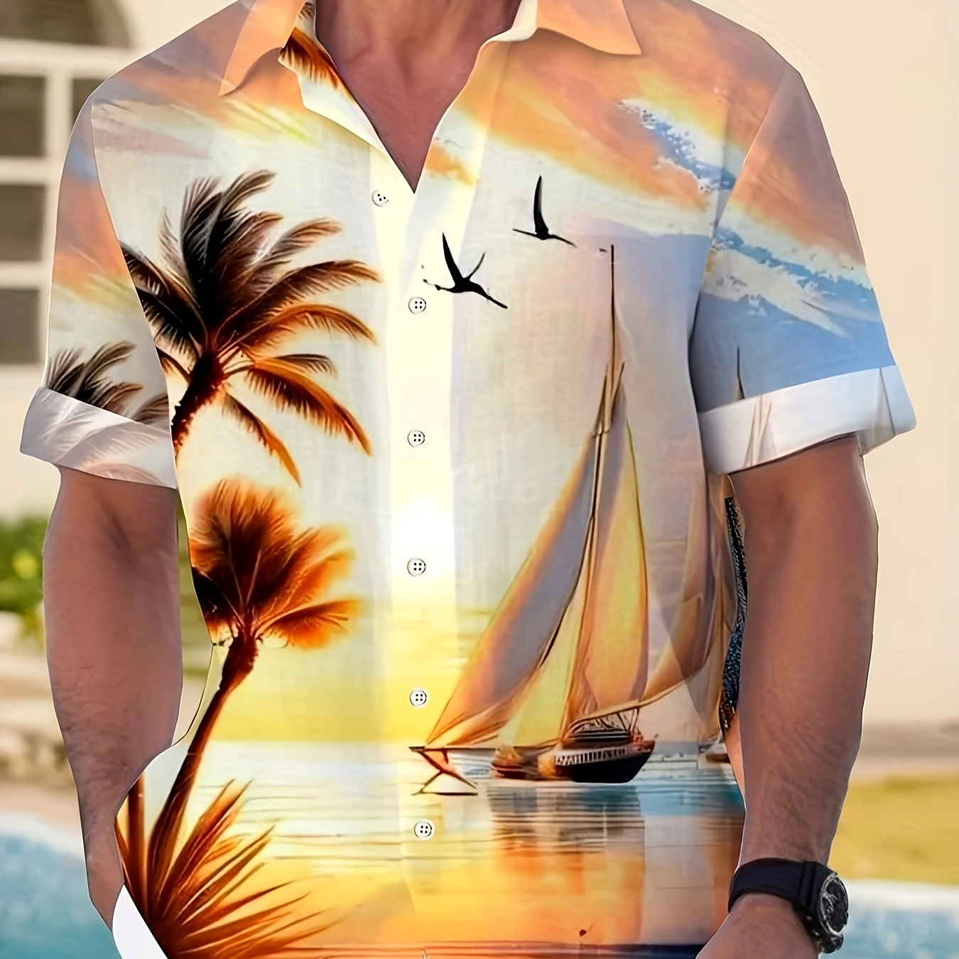 

Sailboat Pattern Hawaiian Shirt, Men's Casual Allover Print Button Up Short Sleeve Shirt For Summer Beach Vacation Resort