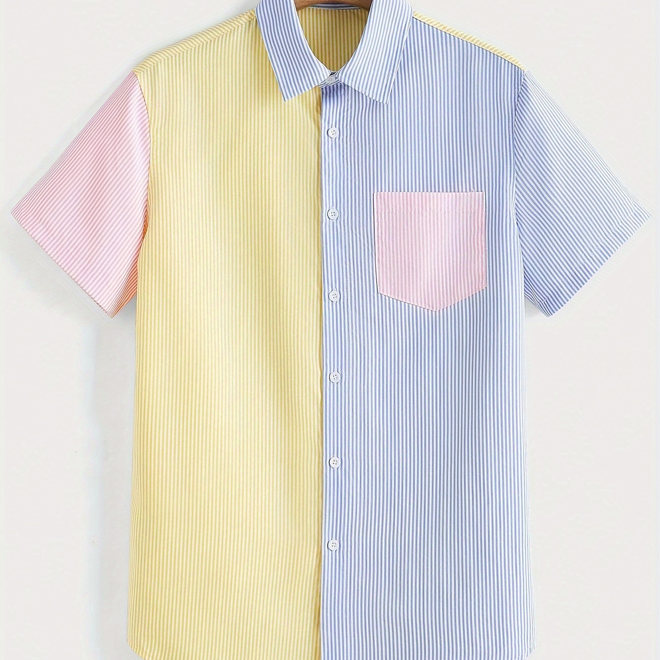 

Men's Fashion Striped Shirt With Color Block Design, Casual Short-sleeve Button Up Shirt, Trendy Summer Shirt For Vacation And Casual Wear