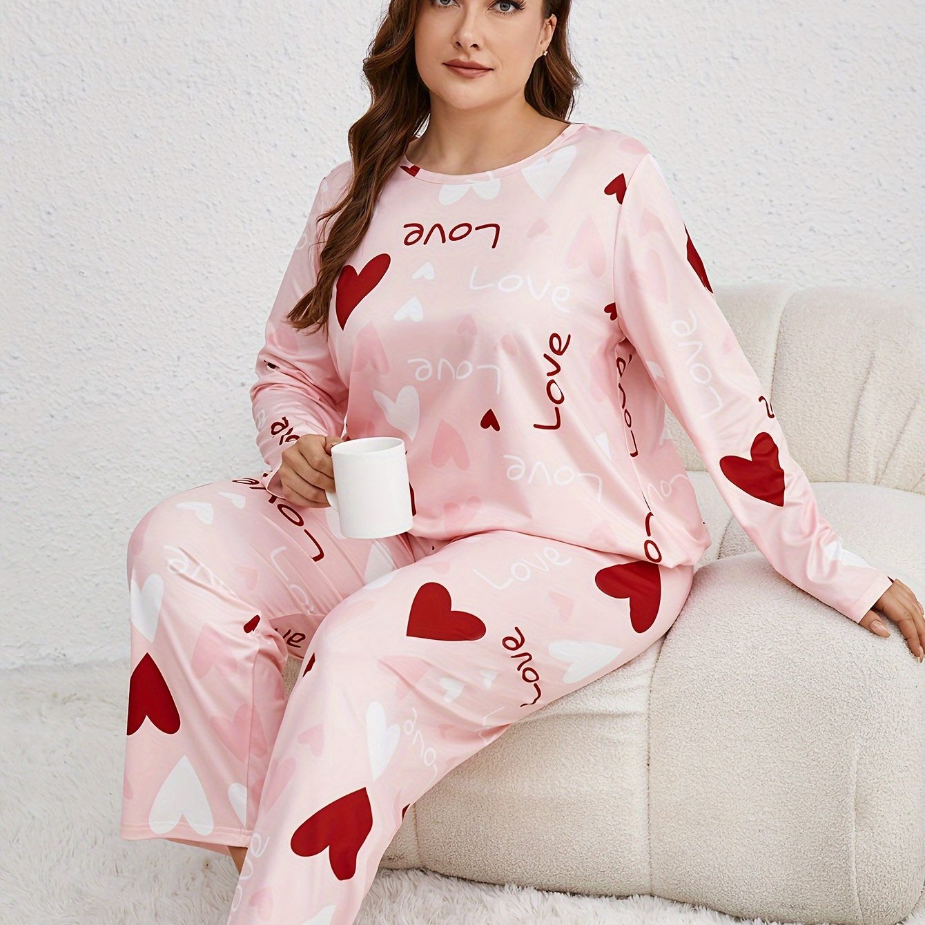 

1set Women's Plus Size Pajama Set - Casual Polyester Long Sleeve And Pants With Heart Pattern, Round Neck, Knitted Pullover Sleepwear For Adults - Autumn/