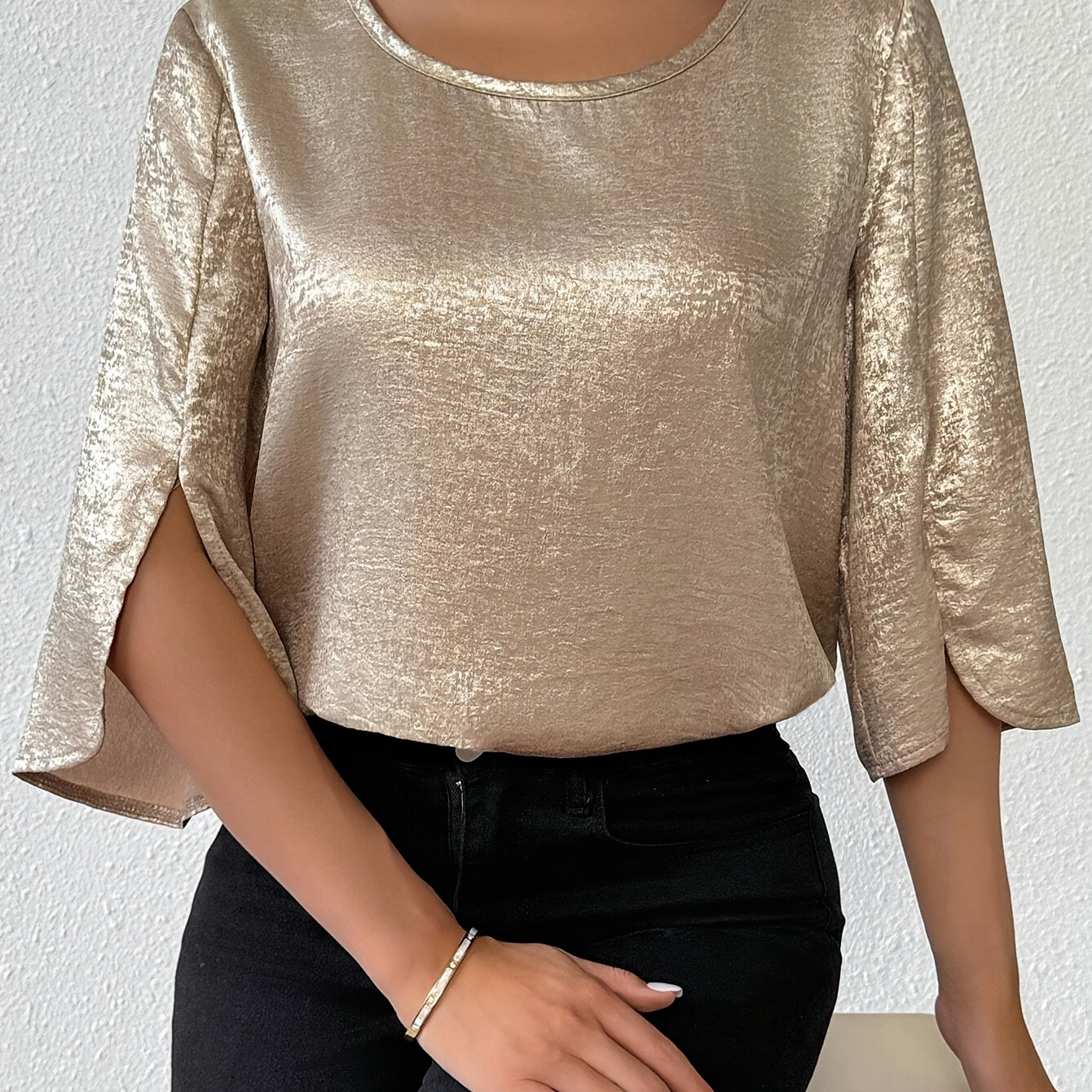 

Women's Elegant Blouse, 100% Polyester Crew Neck With Cuffs And Side Slit, Woven Shirt, Regular Length - 100g/m²