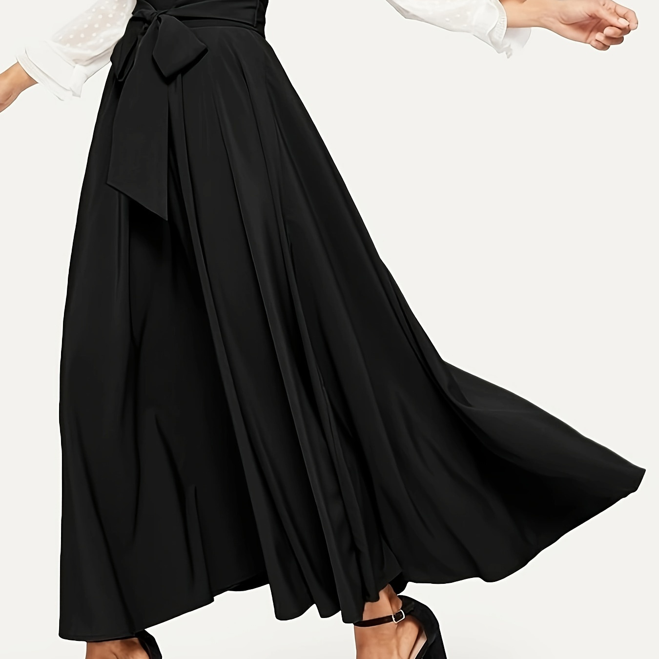 

Solid Lace Up High Waist Skirt, Elegant Big Swing Flared Maxi Skirt, Women's Clothing
