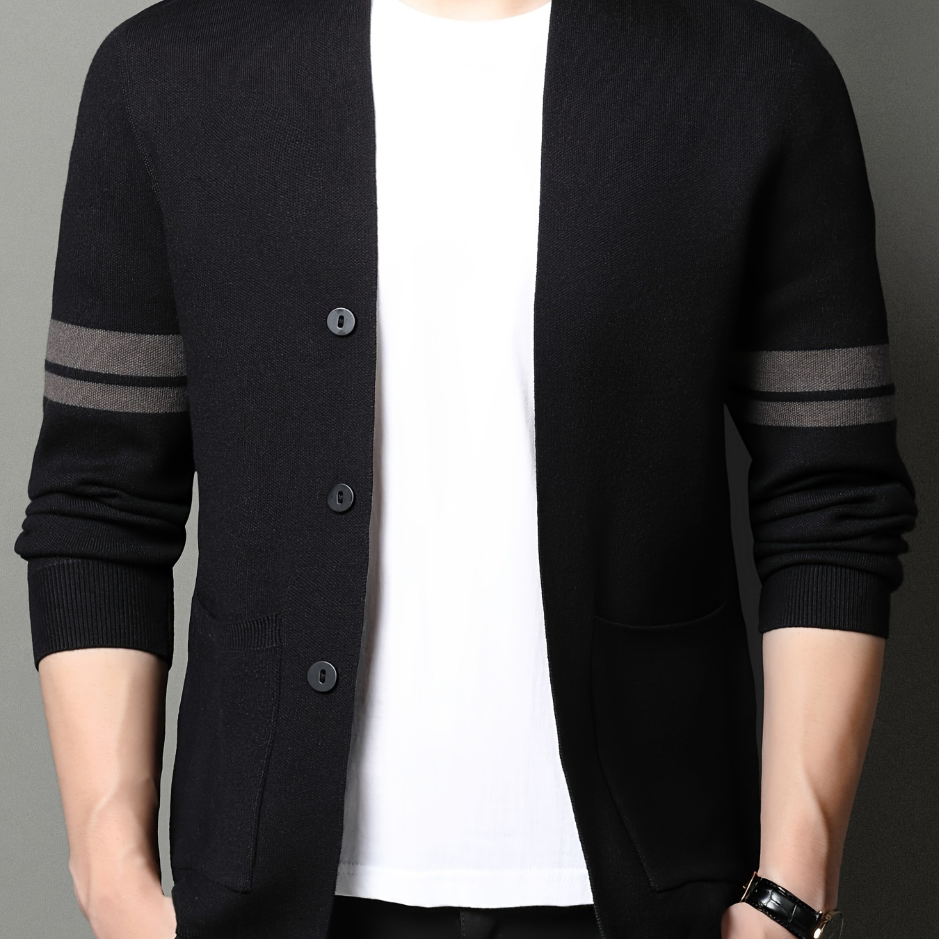 

Men's Striped Knitted Cardigan, Casual Long Sleeve Button Up Sweater For Winter Fall Outdoor Activities