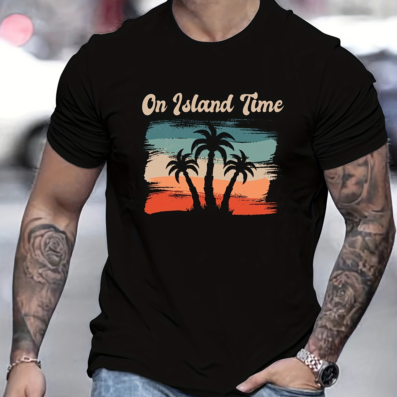 

Island Style Coconut Tree & Sunset Pattern, Men's T-shirt For Summer Vacation, Men's Trendy Graphic Crew Neck Tops