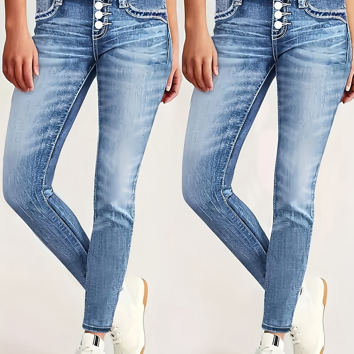 

Ladies' Single Breasted Tight Denim Pants With Hip Lifting Effect And Pockets, For Casual , Machine Washable