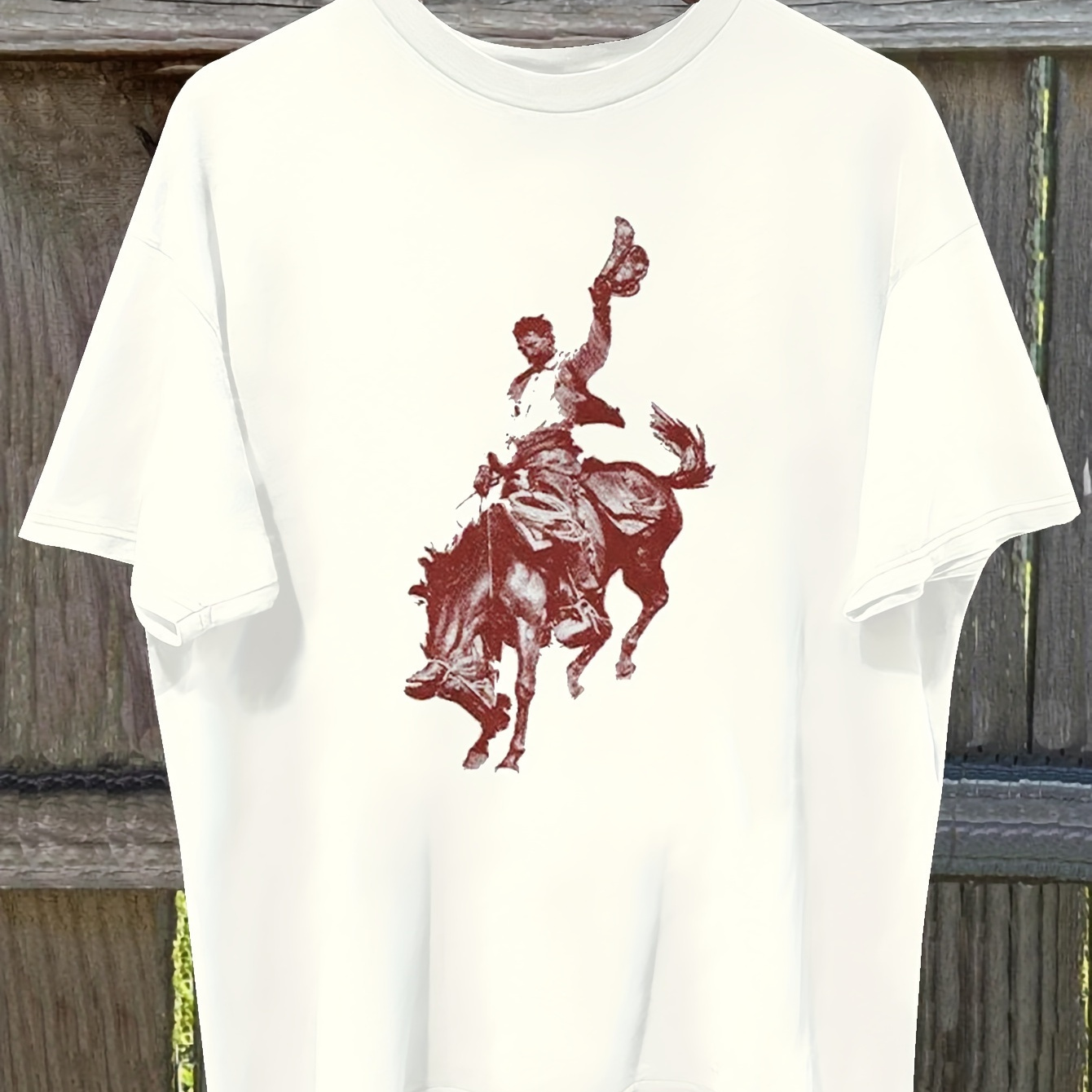 

Cowboy Print Drop Shoulder T-shirt, Short Sleeve Crew Neck Casual Top For Spring & Summer, Women's Clothing
