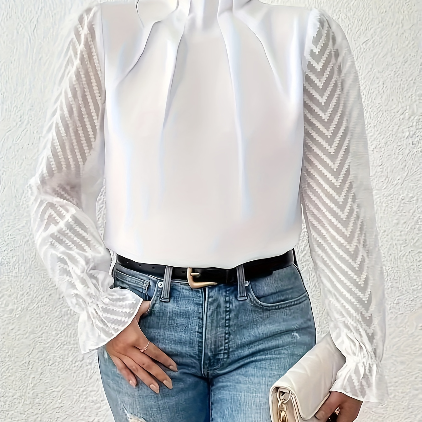 

Solid Color Mock Neck Blouse, Elegant Long Sleeve Ruffle Trim Top For Spring & Fall, Women's Clothing