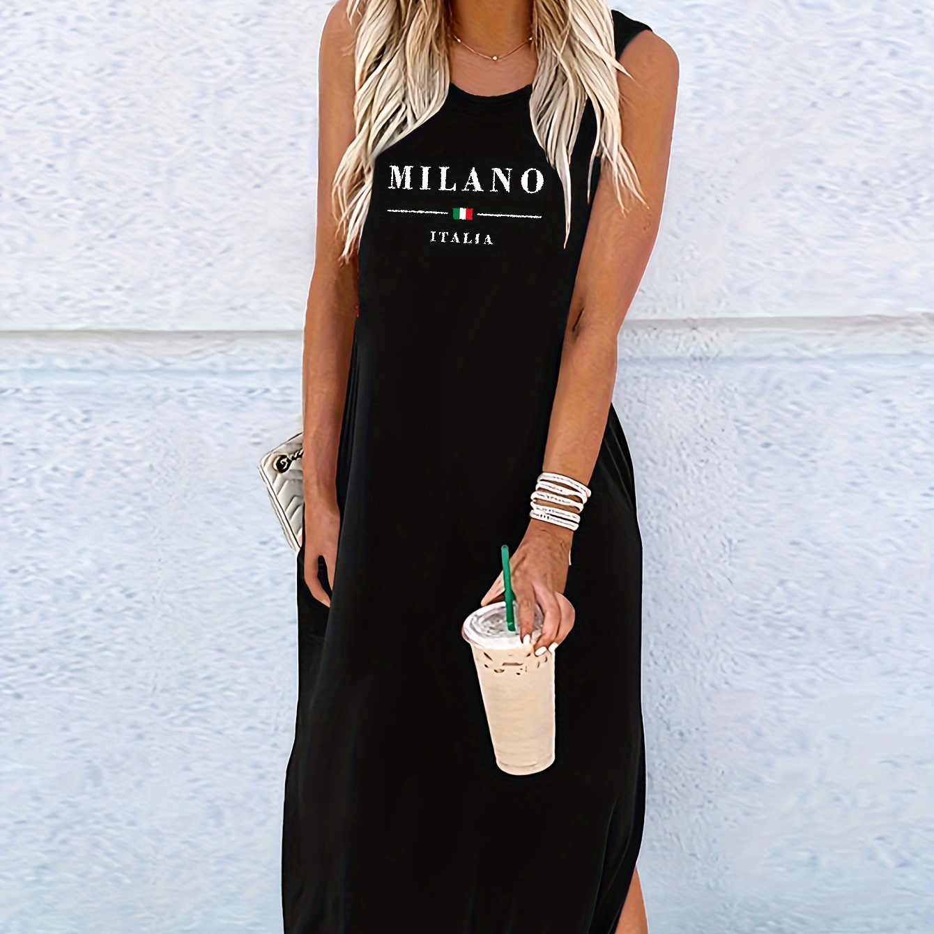 

Milano Print Tank Dress, Casual Crew Neck Sleeveless Dress For Summer, Women's Clothing
