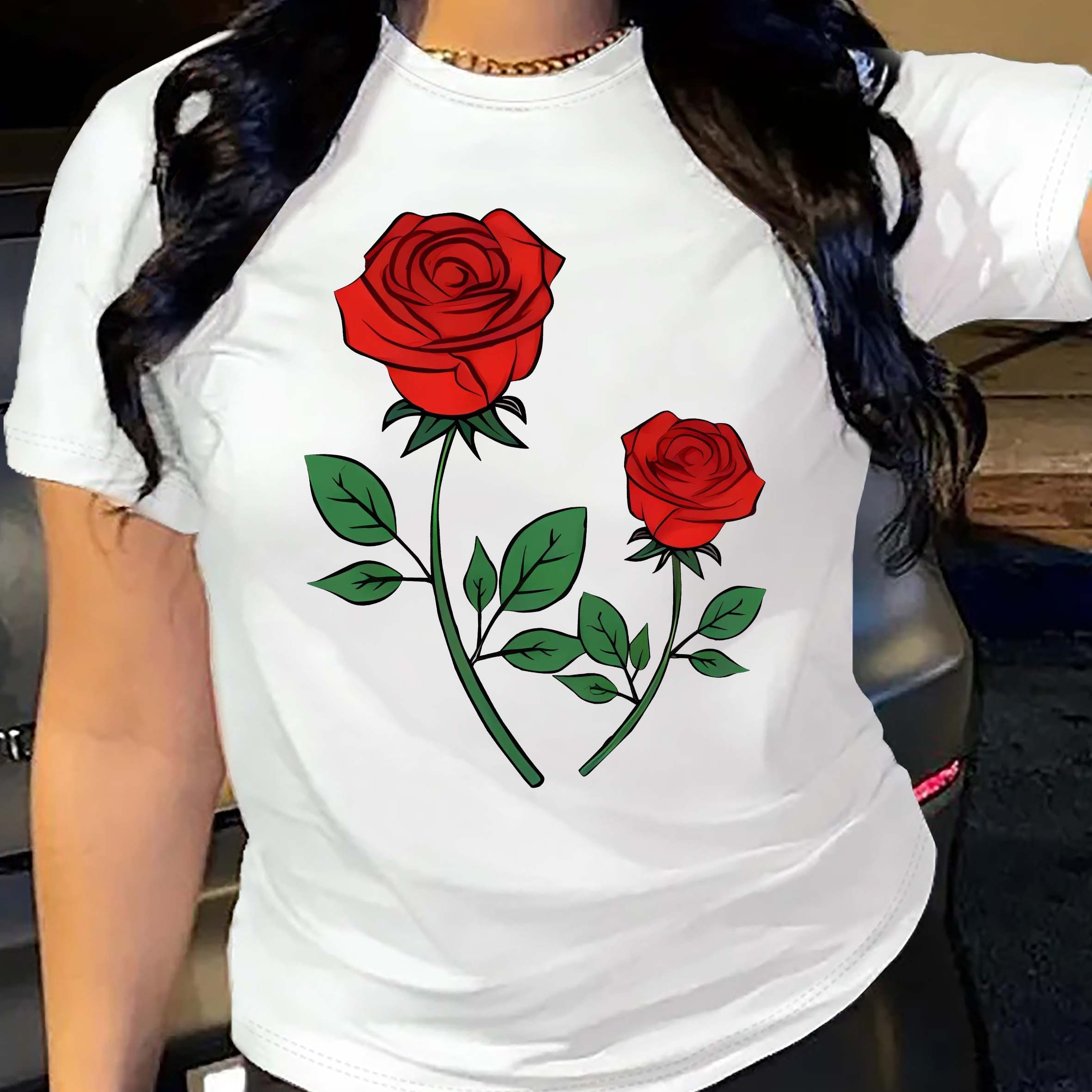 

Rose Print Crew Neck T-shirt, Casual Short Sleeve Top For Spring & Summer, Women's Clothing