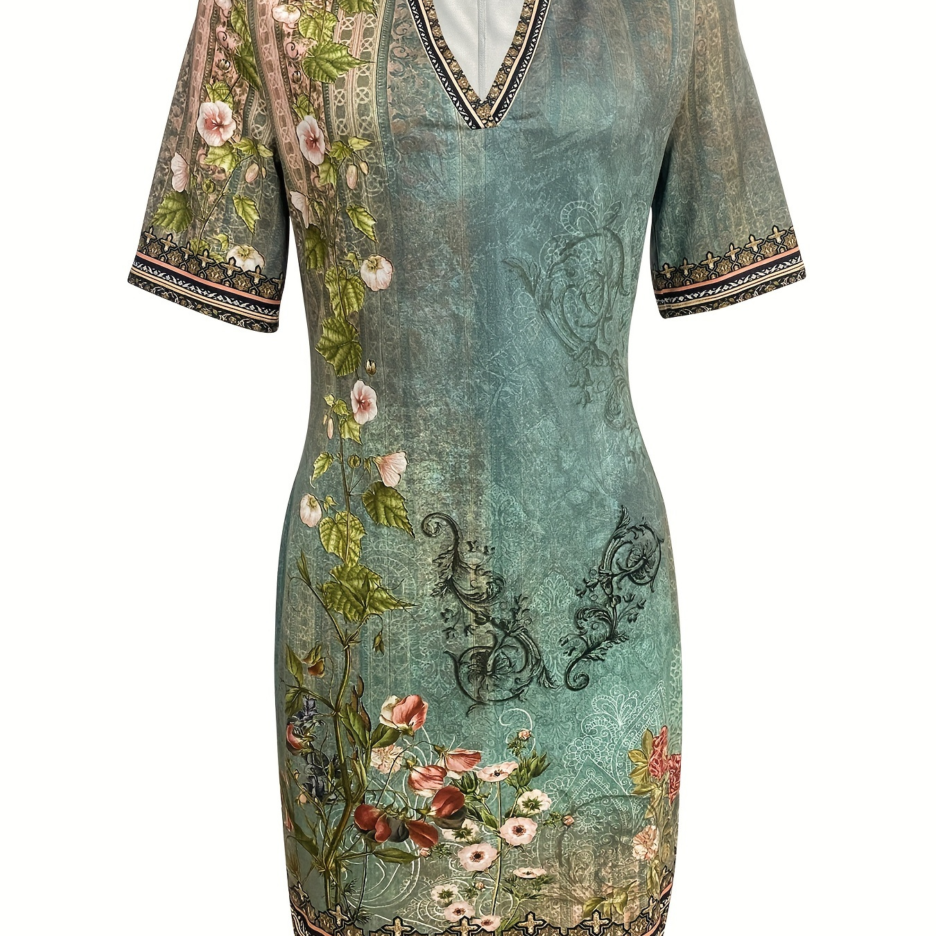 

Floral Print Notch Neck Dress, Casual Short Sleeve Dress For Spring & Summer, Women's Clothing