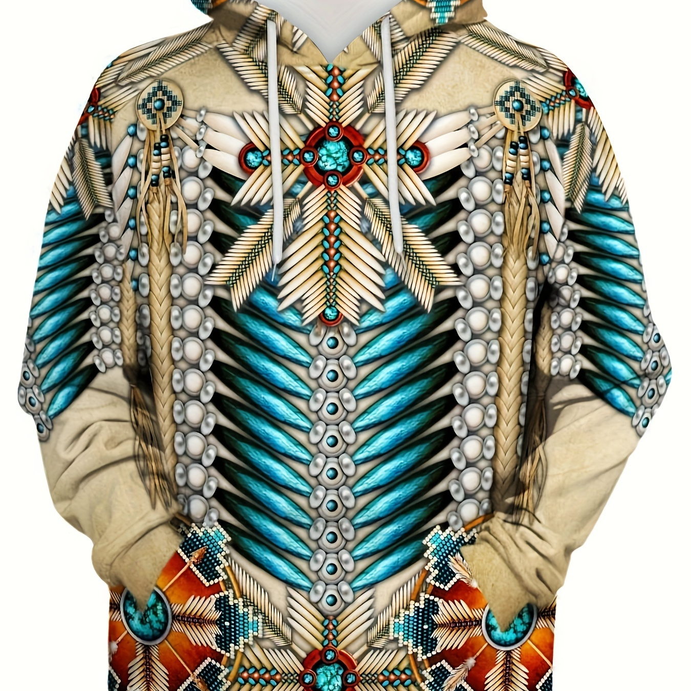 Plus Size Men's Traditional Costume Hoodies, Ethnic Feather Print Hooded Sweatshirt Tribe Tops Fall Winter Tops, Men's Clothing