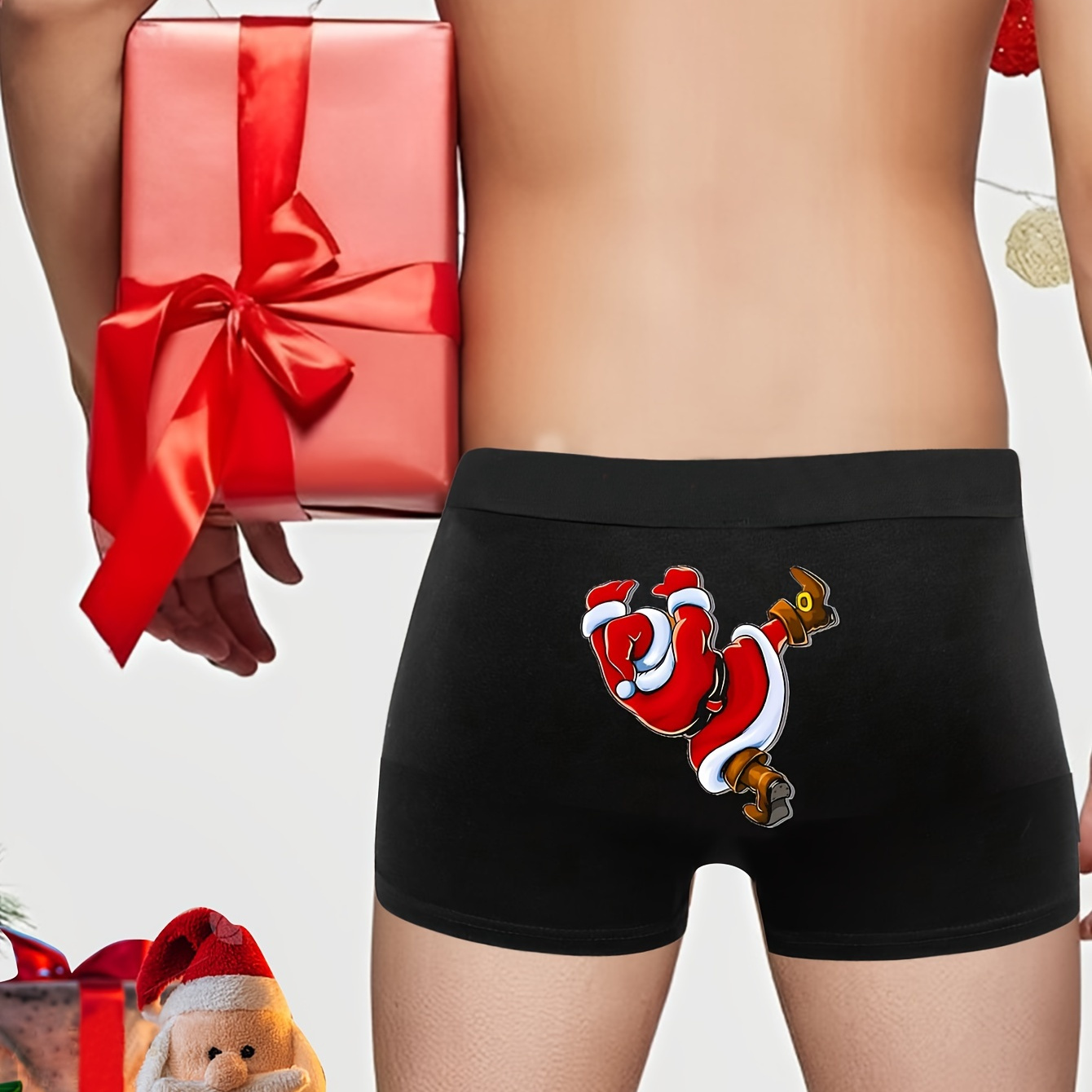 

Men's Christmas Santa & Reindeer Print Boxer Briefs - Breathable, Quick-dry, Fit Underwear (black) - Holiday Design For Casual Attire, Apparel | Pattern Boxers | Breathable Material, Christmas Clothes