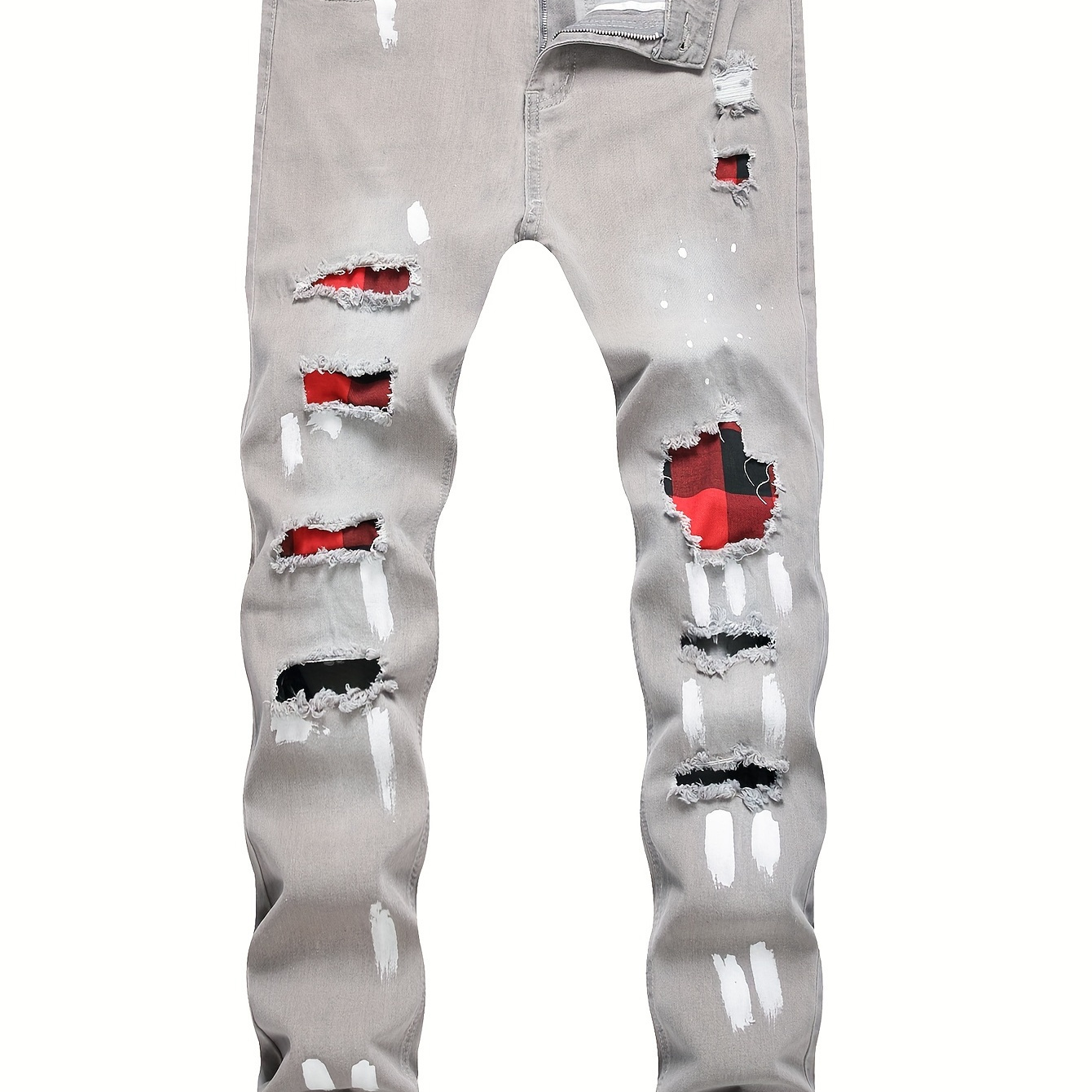 

Paint Splatter Plaid Ripped Jeans, Men's Casual Street Style Straight Leg Distressed Slightly Stretch Cotton Blend Denim Pants For Spring Summer