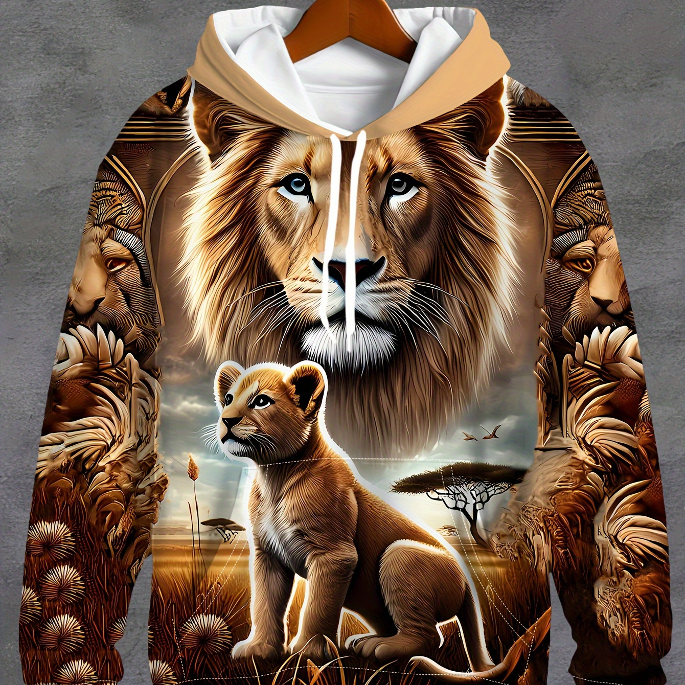 

Sweat à capuche décontracté à manches longues avec cordon de serrage et motif lion et lion pour homme, veste à capuche à motif tendance, mode sportive, décontractée, quotidienne, printemps et automne