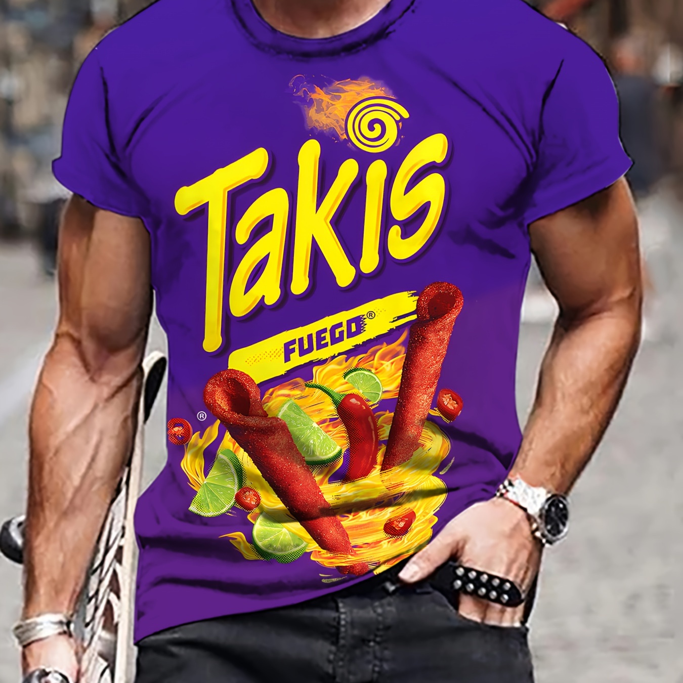 

Men's Takis Print T-shirt, Casual Short Sleeve Crew Neck Tee, Men's Clothing For Outdoor