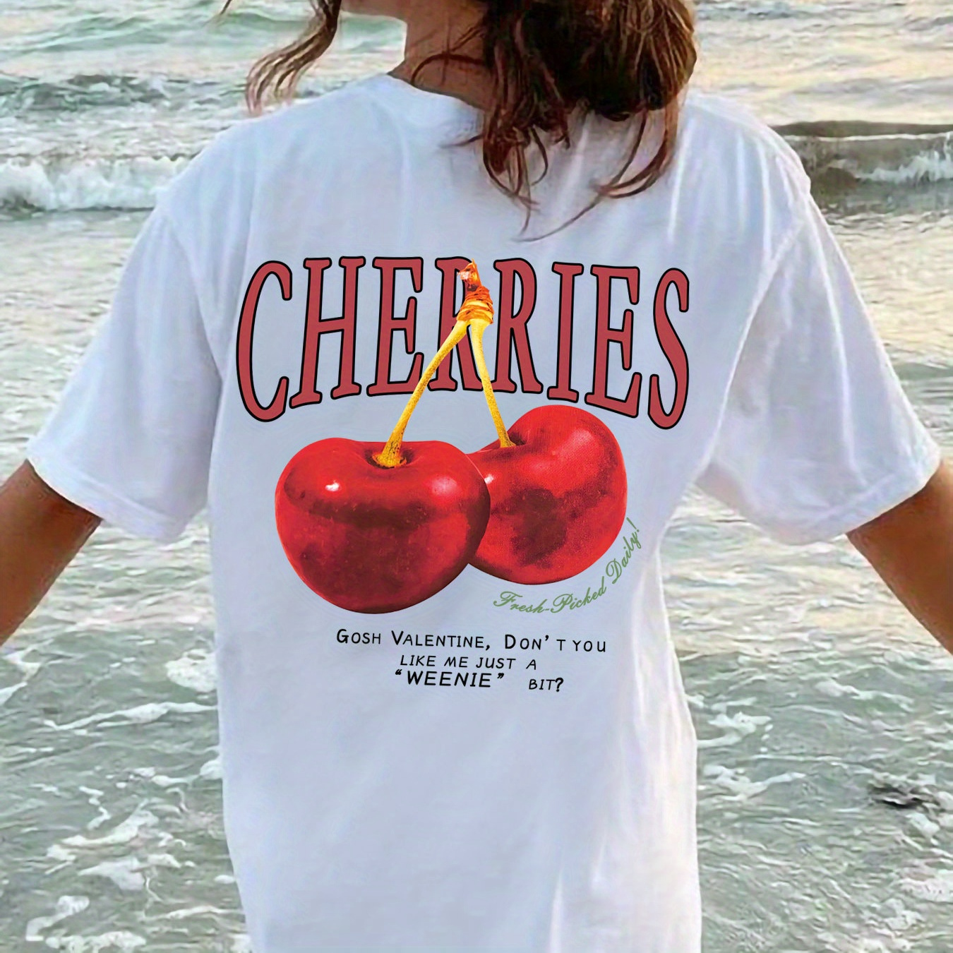 

Cherry Print T-shirt, Short Sleeve Crew Neck Casual Top For Summer & Spring, Women's Clothing