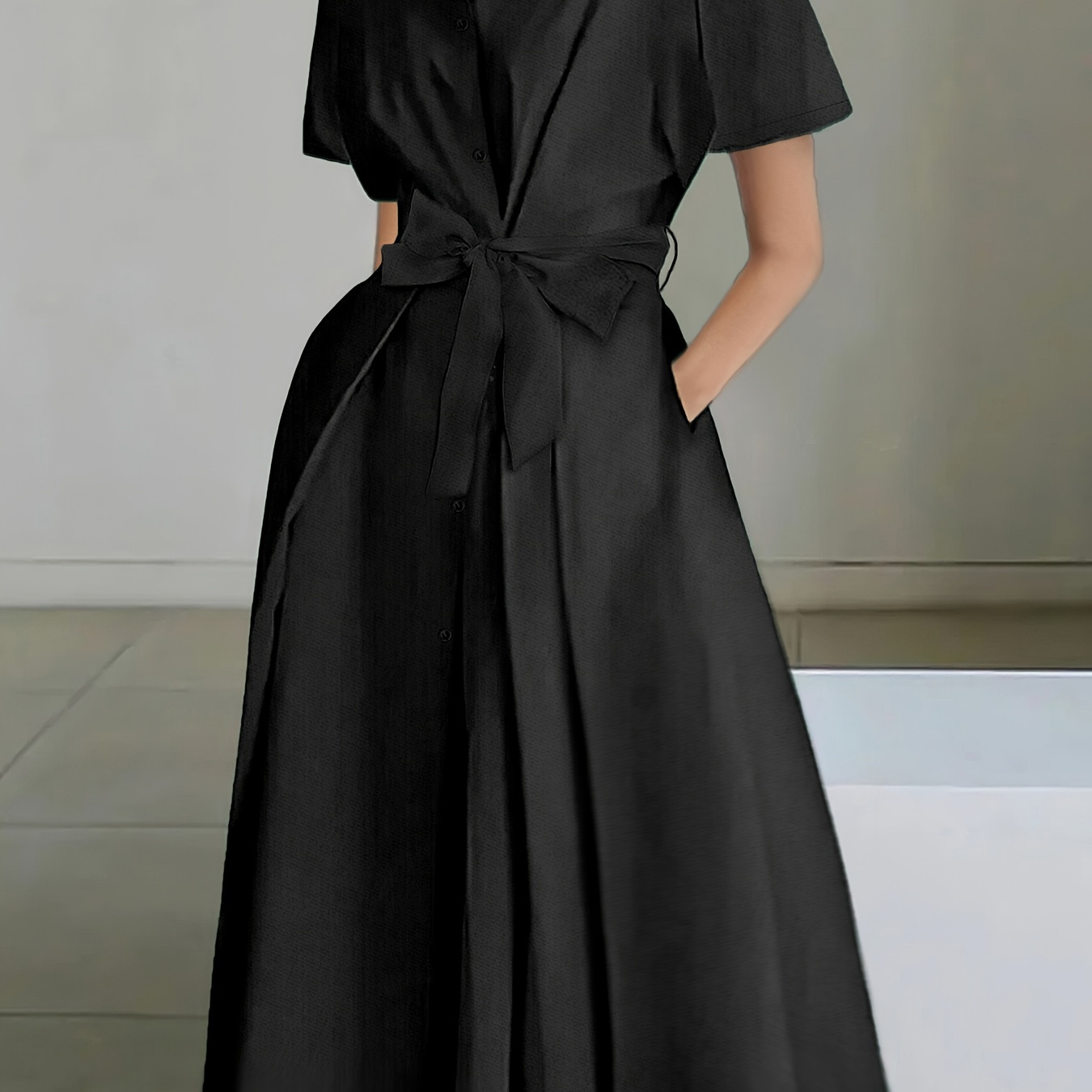 

Elegant Polyester Midi Shirt Dress For Women - Solid Color Lapel Collar Style, Spring/summer Woven Peplum Dress With Button