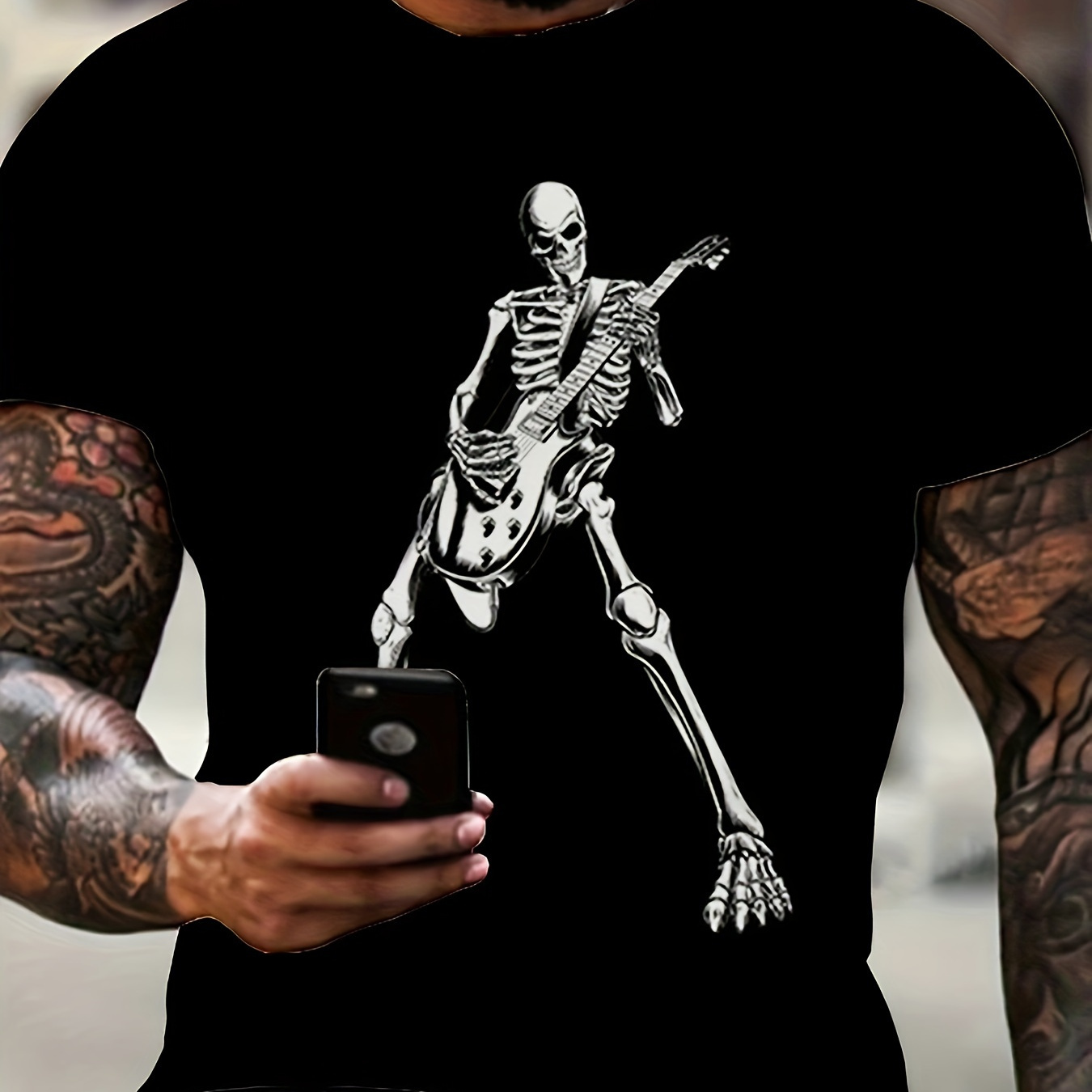 

Plus Size Guitar Skull Graphic Tees For Male, Oversized Causal T-shirts For Summer Fitness Leisurewear, Men Clothing