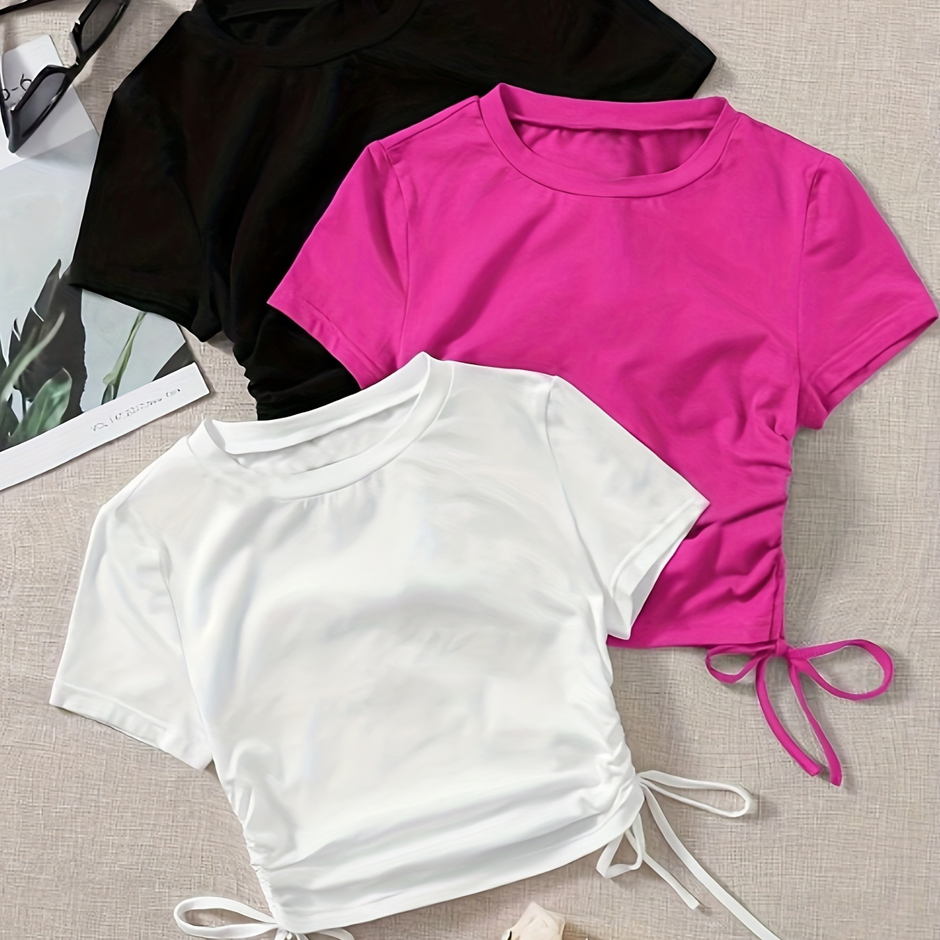 

3 Pack Drawstring Crew Neck T-shirt, Casual Short Sleeve T-shirt For , Women's Clothing