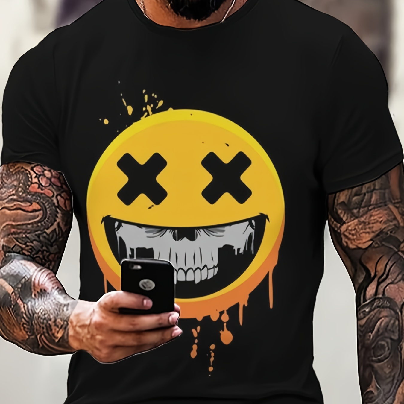 

Cartoon Smiling Face With Hiding Skull 3d Digital Pattern Print Graphic Men's T-shirts, Causal Tees, Short Sleeves Comfortable Pullover Tops, Men's Summer Clothing