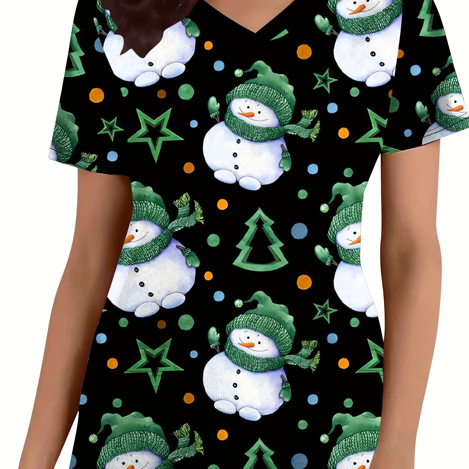 

Women's Christmas Snowman Print V-neck Scrub Top, Cute 100% Polyester Knit Nurse Uniform With Short Sleeves, Slight Stretch, Regular Fit With Pocket Detail, Medical Workwear Pullover