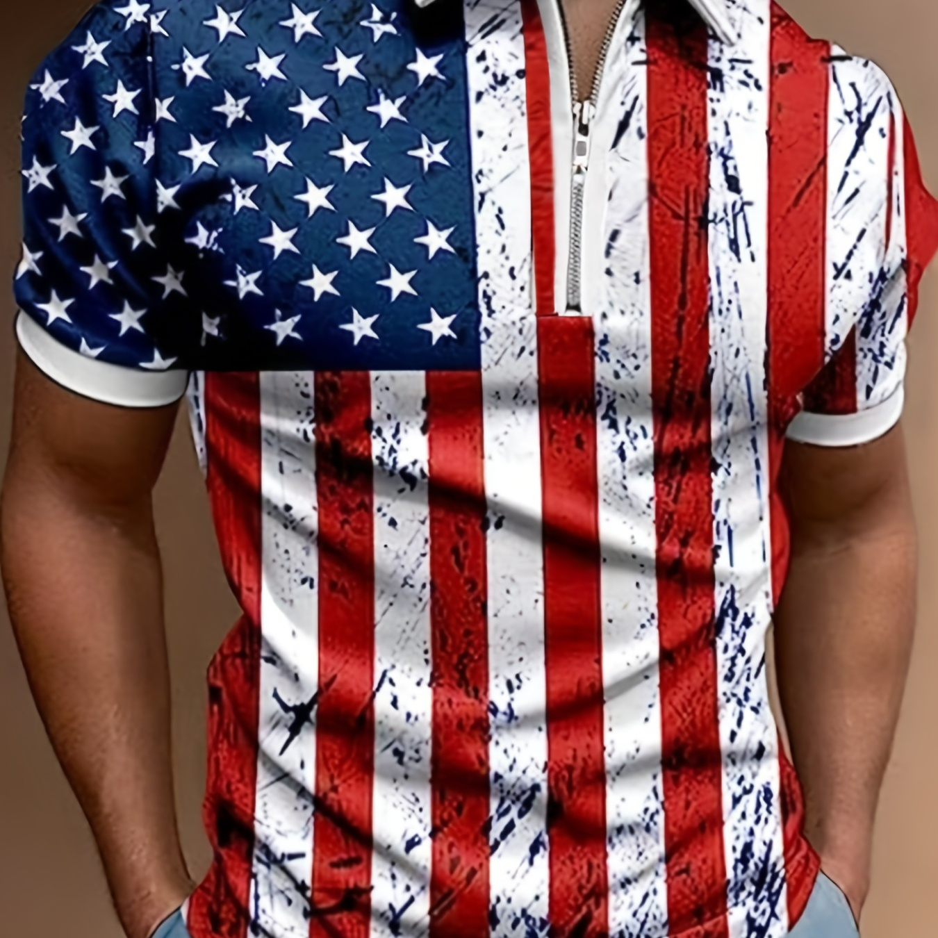

American Flag Pattern Print Men's Casual Short Sleeves Zip Up Graphic Shirts, Lapel Collar Tops Pullovers, Men's Clothing For Summer