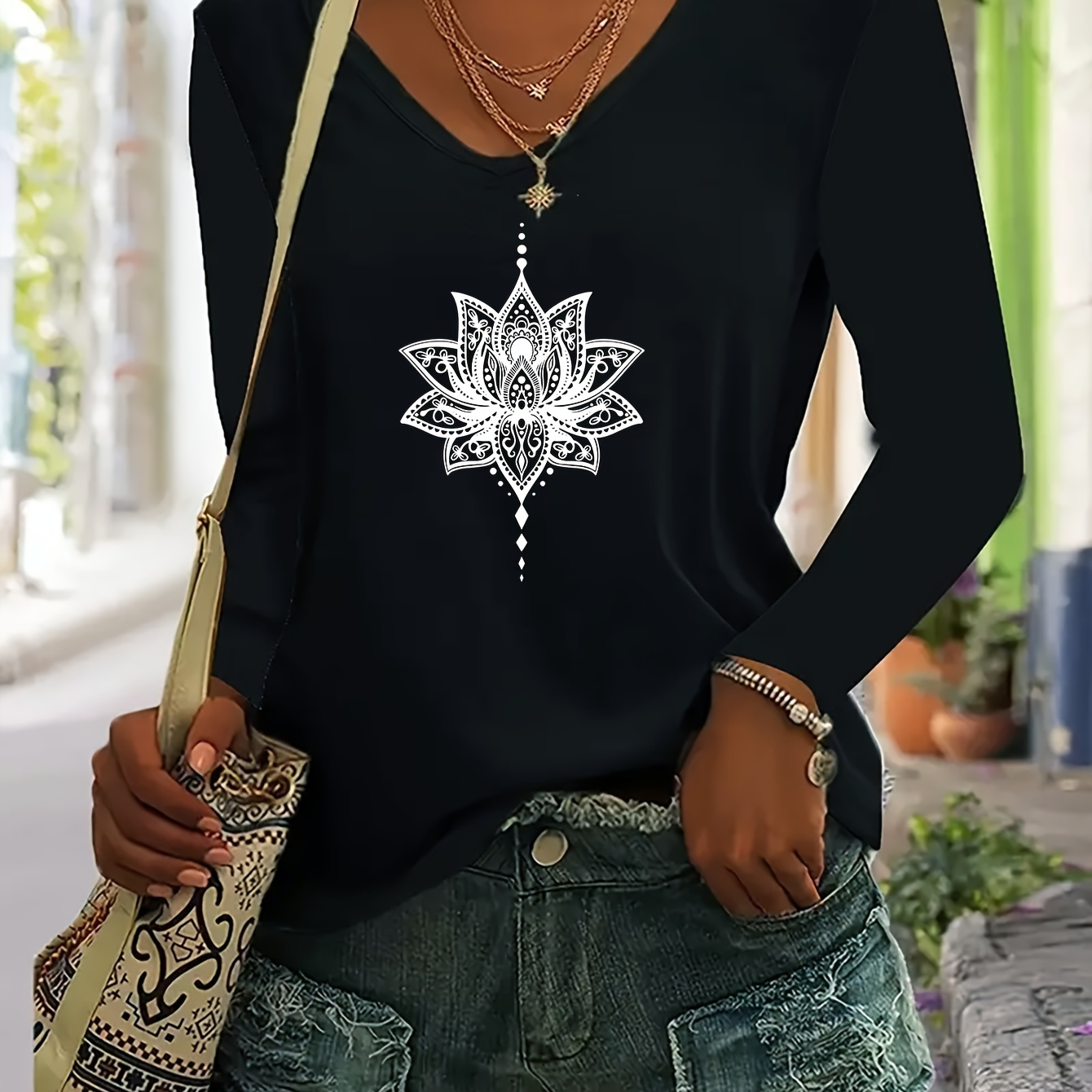 

Women's Casual V-neck T-shirt With Lotus Mandala Print, Polyester 95% Elastane 5%, Knit Fabric, Regular Length, Spring/fall Season, 180g/m² Weight