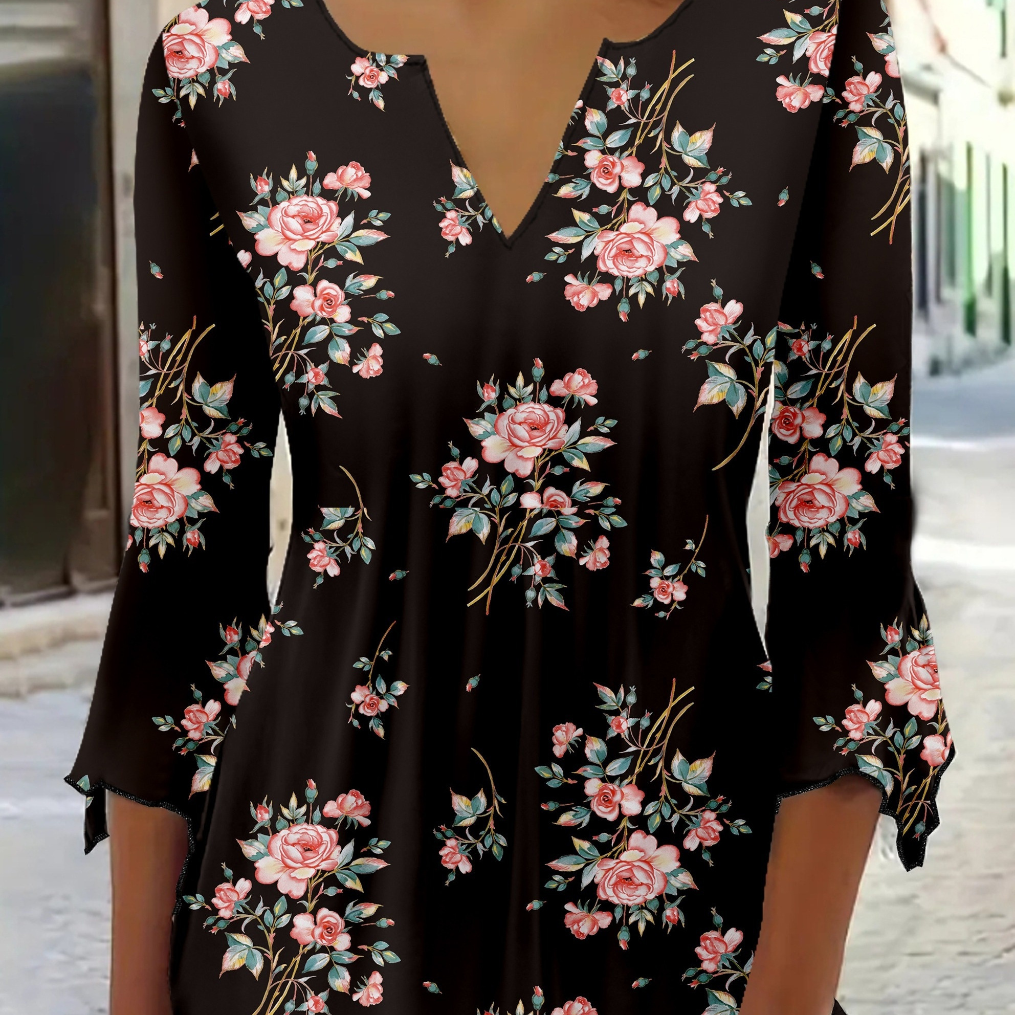 

Floral Print Flared Sleeve T-shirt, Elegant Notched Neck Comfy T-shirt, Women's Clothing