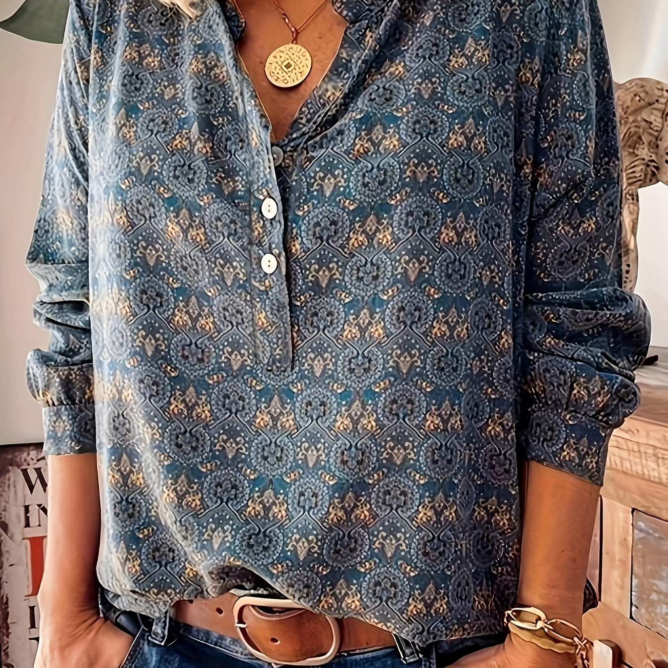 

Tribal Print Button Neck Blouse, Casual Long Sleeve Blouse For Spring & Fall, Women's Clothing