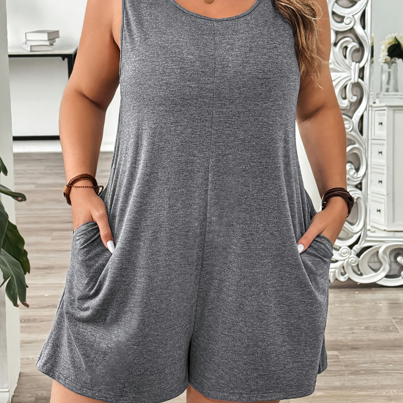 

Plus Size Polyester Jersey Knit Romper For Women, Relaxed Fit, Soft And Breathable, Random Print, Summer Casual Wear