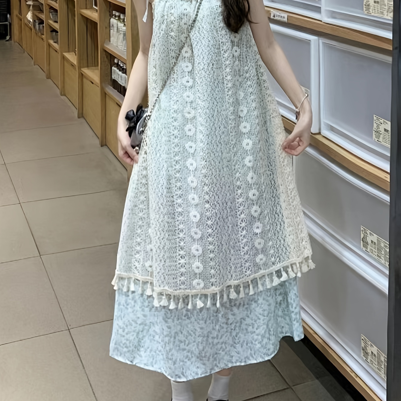 

Guipure Lace Tie Shoulder Trapeze Dress, Vacation Style Sleeveless Loose Fit Beach Wear Dress For Spring & Summer, Women's Clothing