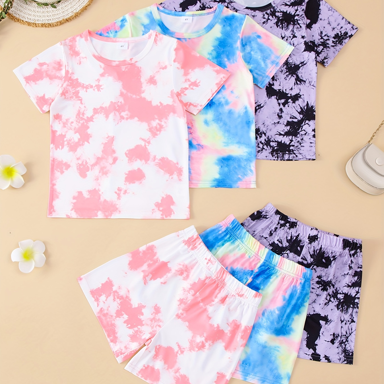 

Girls 3 Sets Tie Dye T-shirts + Shorts Summer Set, Sports Summer Leisure Clothes, Gift
