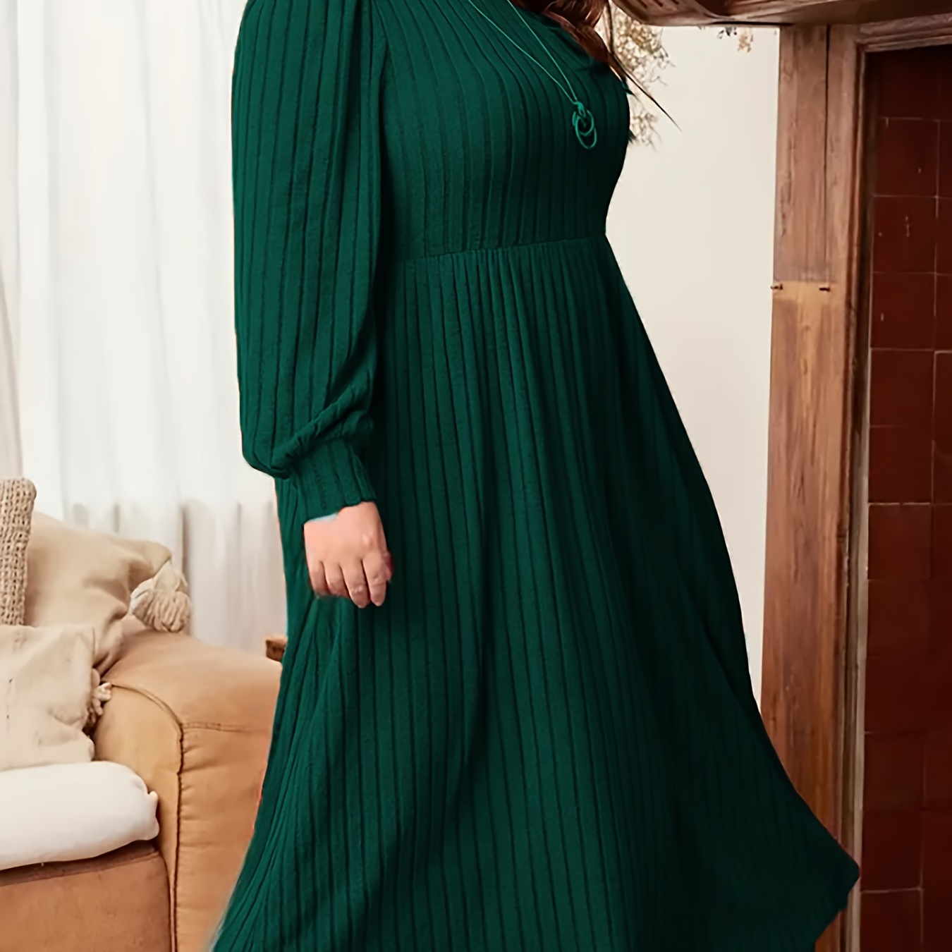 

Plus Size Elegant Ribbed Knit Dress, Polyester , Crew Neck, Medium Stretch, Fit And Flare, Solid Color, With Waist Tie Detail, For Fall/winter