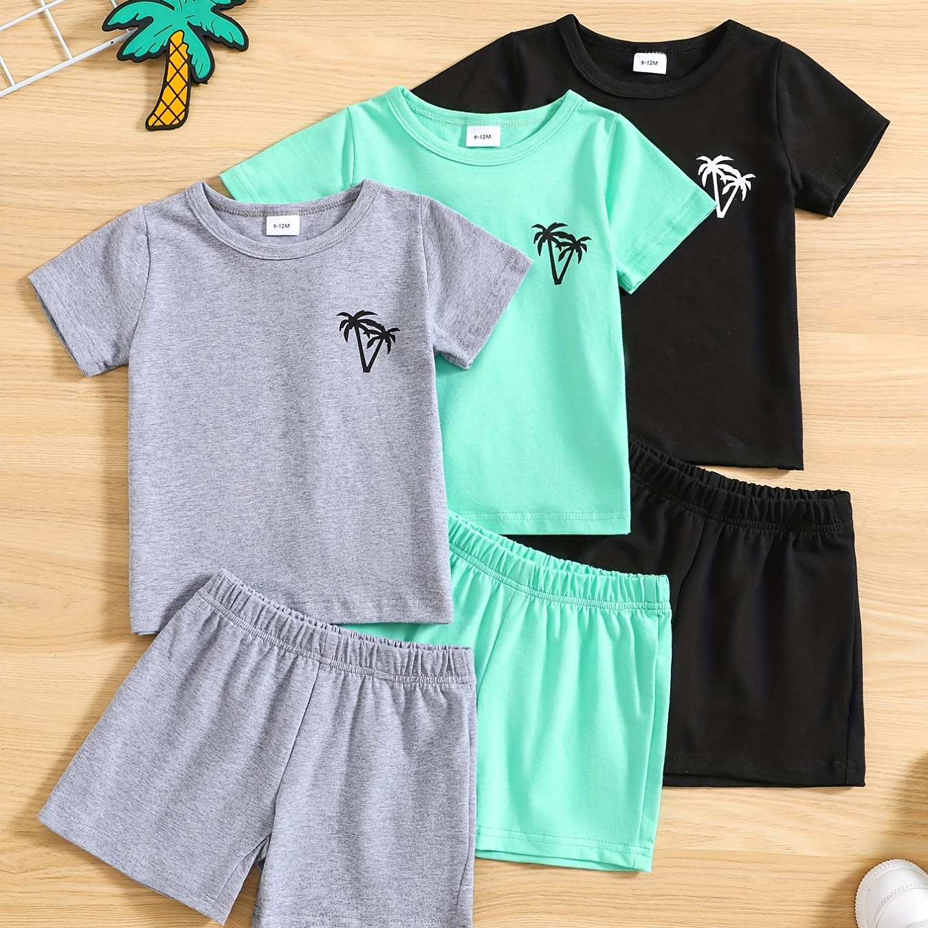 

3pcs Baby Boy's Casual Summer Outfits, Coconut Tree Graphic Short Sleeve T-shirt + Shorts Sets