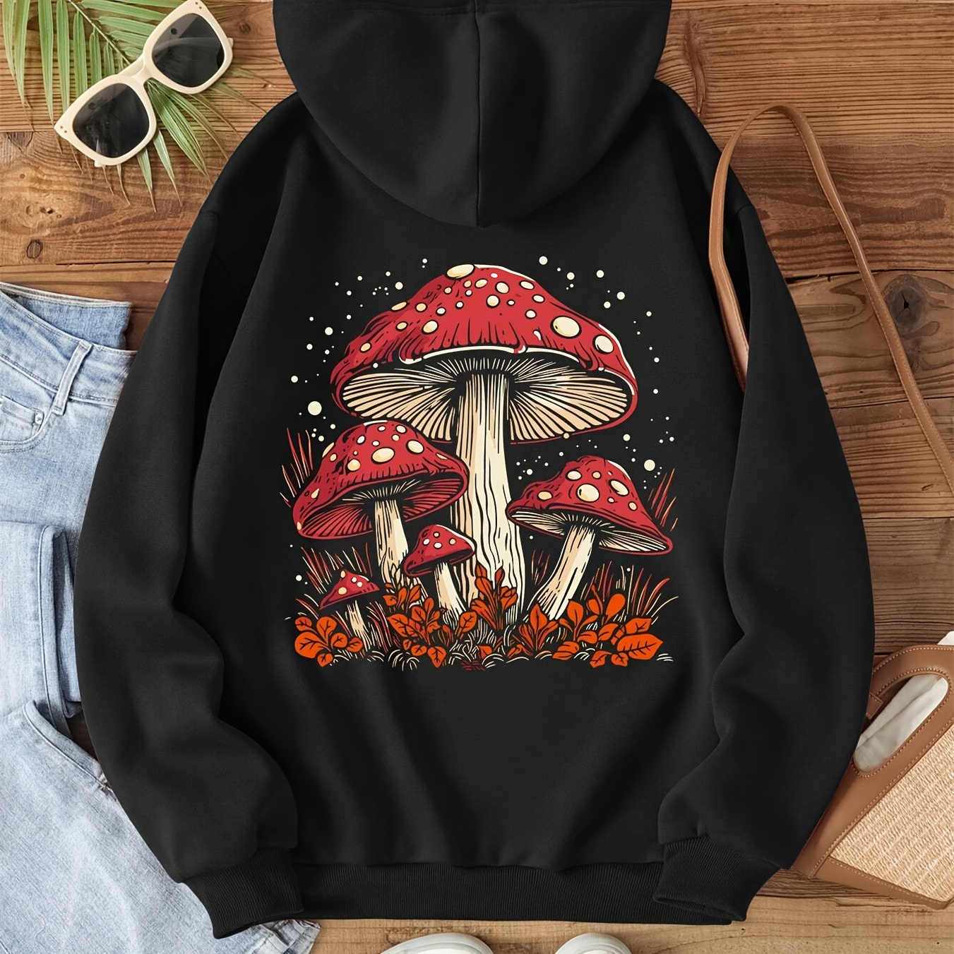 

Mushroom Print Hoodie, Casual Long Sleeve Drawstring Hoodies Sweatshirt, Women's Clothing