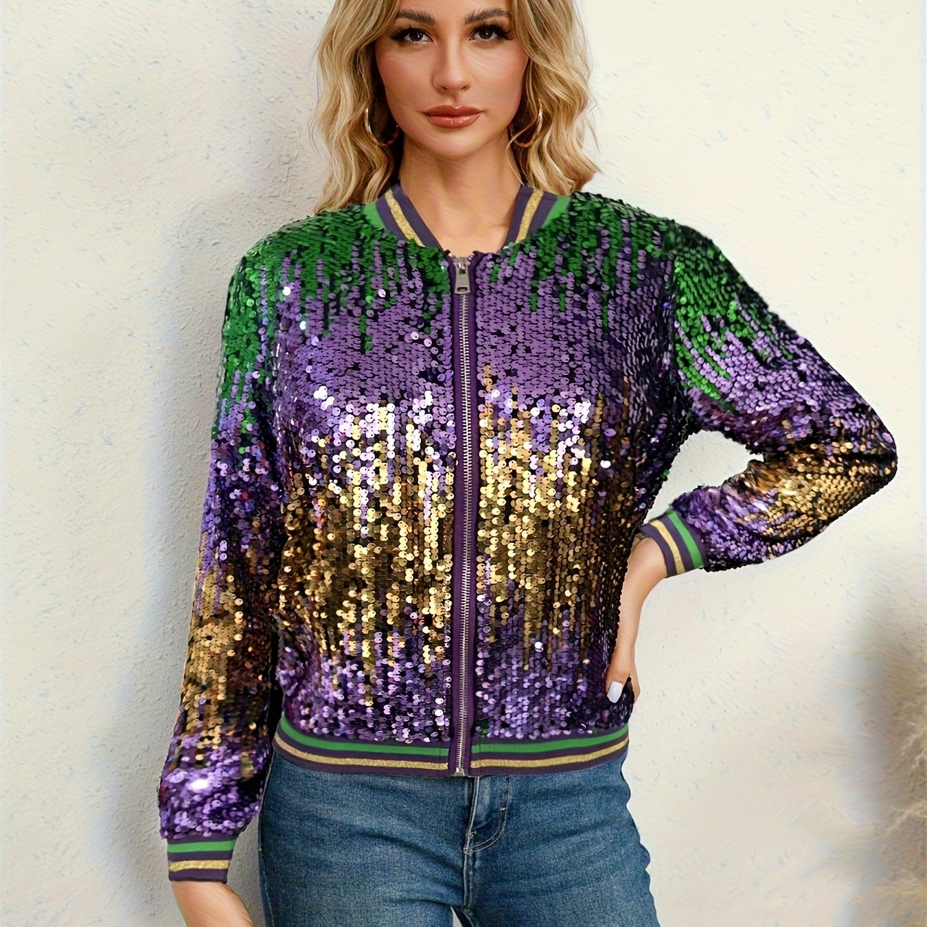 

Color Block Zipper Front Jacket, Casual Crew Neck Long Sleeve Sequin Jacket For Fall & Winter, Women's Clothing