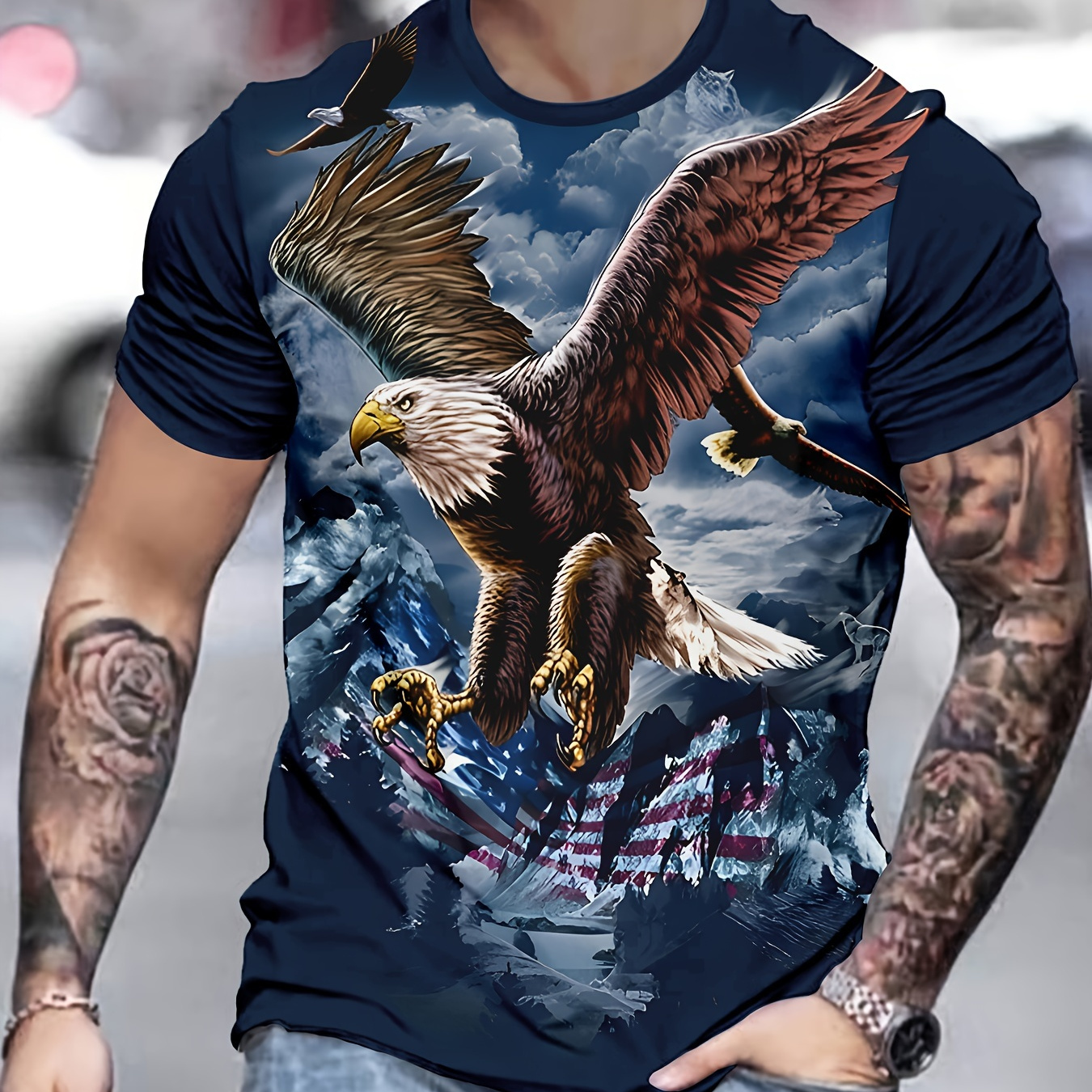 

Men's Outdoor Casual Sportswear For Summer, Featuring A Stylish And Comfortable Short-sleeve Round Neck With A 3d Print Eagle Design.