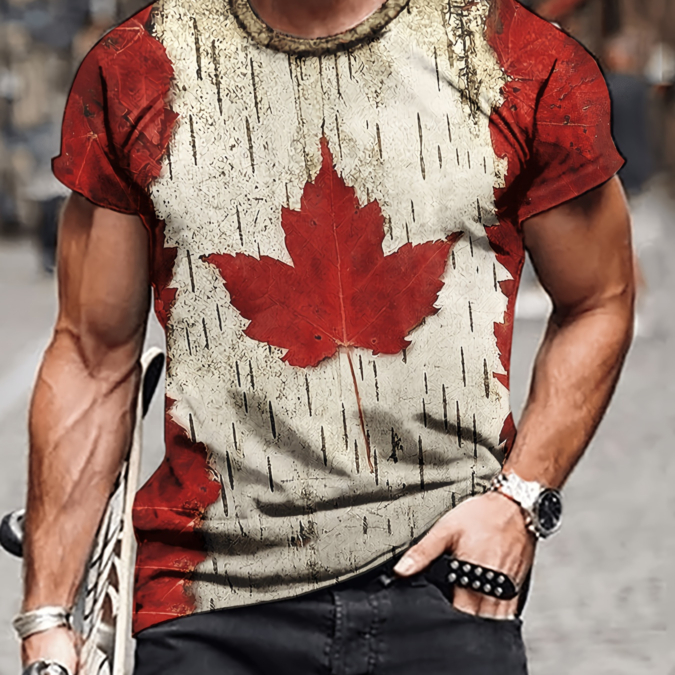 

Men's Leaf Print T-shirt, Casual Short Sleeve Crew Neck Tee, Men's Clothing For Outdoor